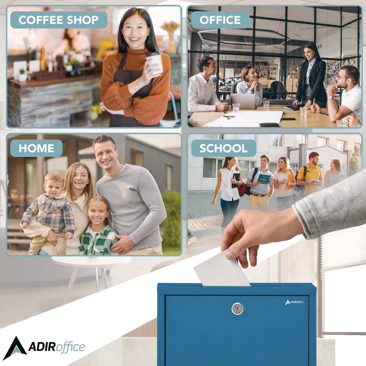 AdirOffice Large Steel Secure Drop Box - 12 x 3 x 10 Inches - Multi-Purpose Locking Mailbox for Office, Home & Business - Durable Blue Document Collection Box for Mail, Packages & Confidential Files