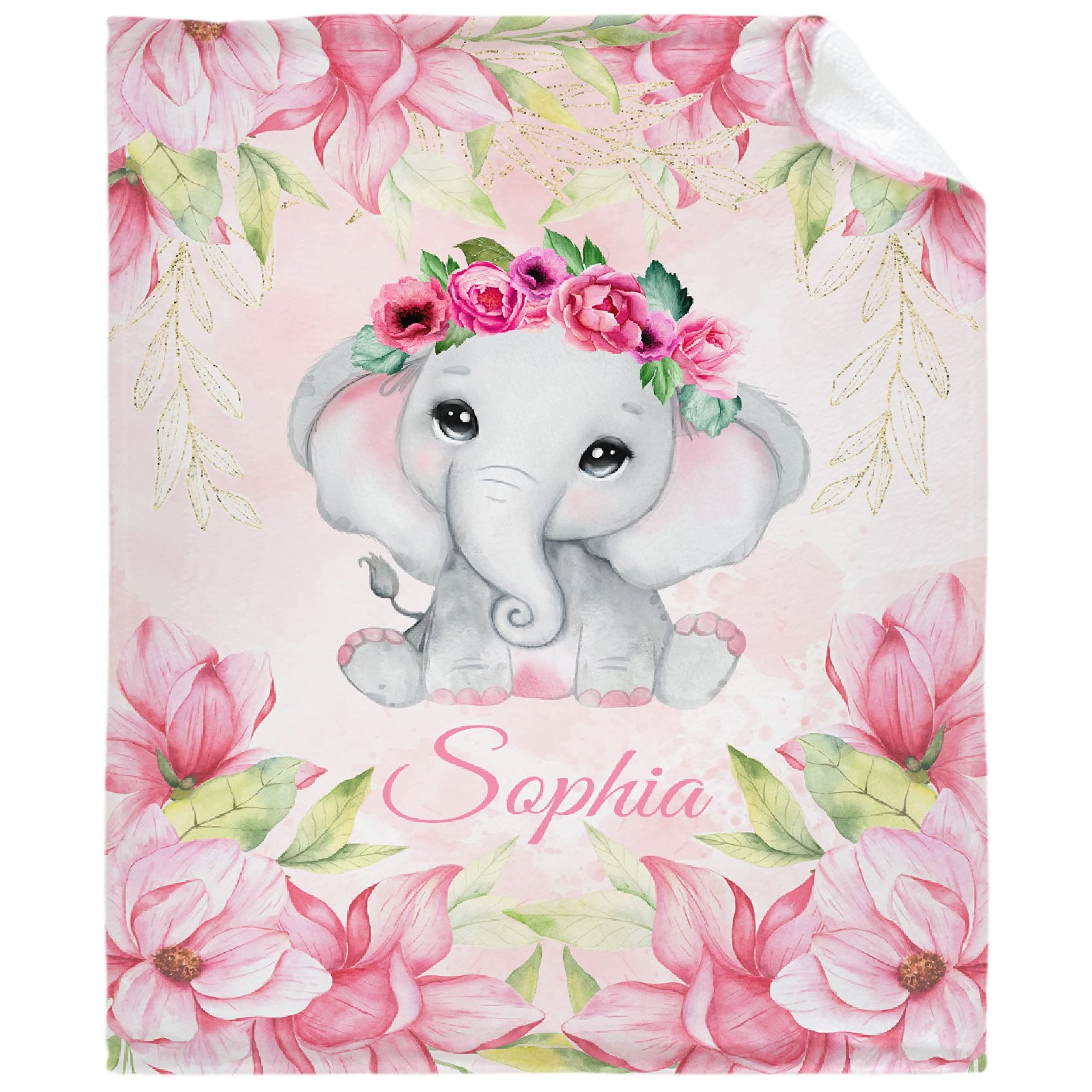 Personalized Baby Blankets for Boys & Girls - Custom Name Embroidered Elephant Fleece Blanket - Soft Cozy Newborn Blanket in Pink Floral - Perfect for Nursery, Stroller, Swaddling & Gift Giving