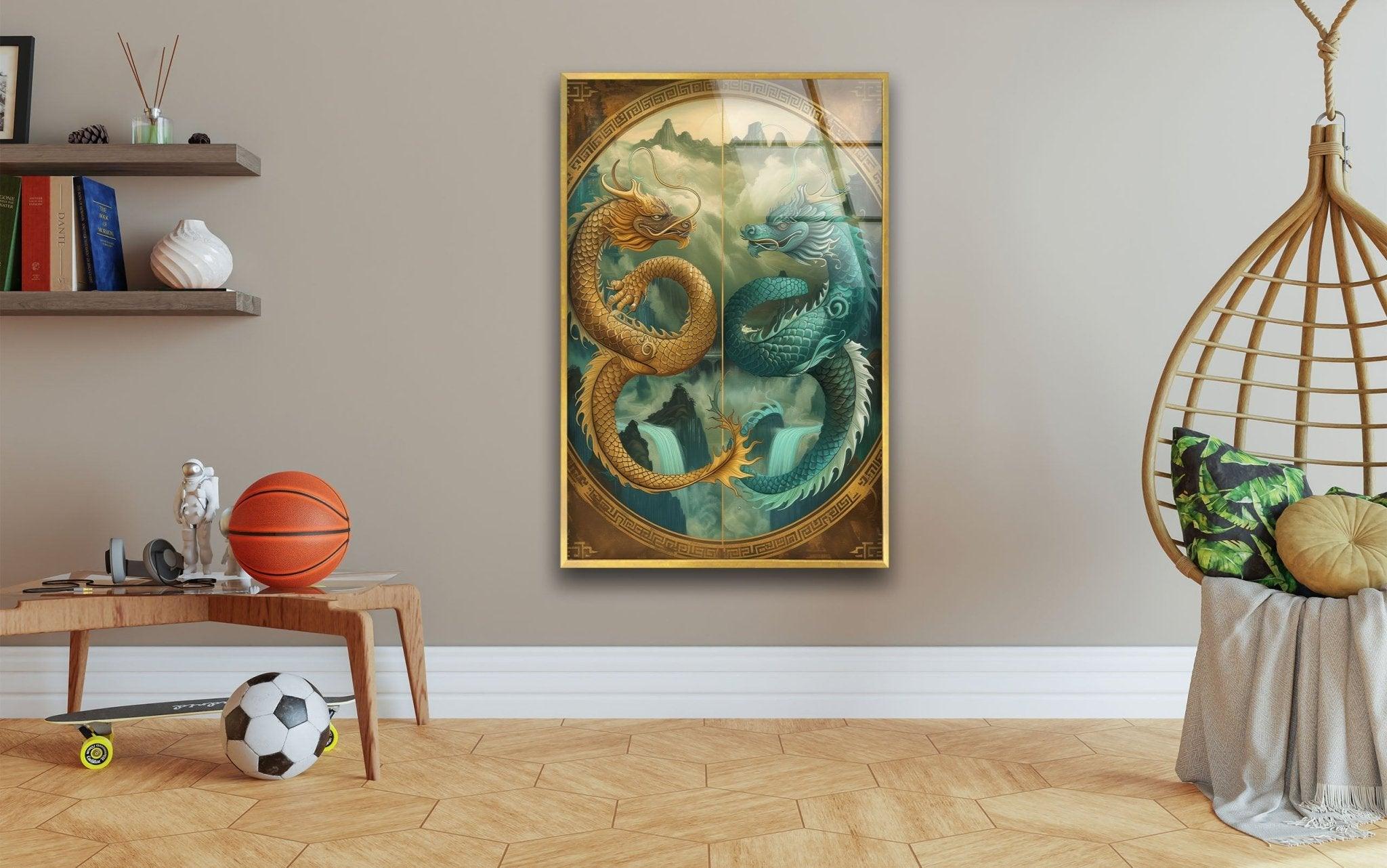 Ao Kuang & Ao Shun Chinese Dragon Glass Wall Art - Elegant Home Decor for Living Room, Bedroom, or Office