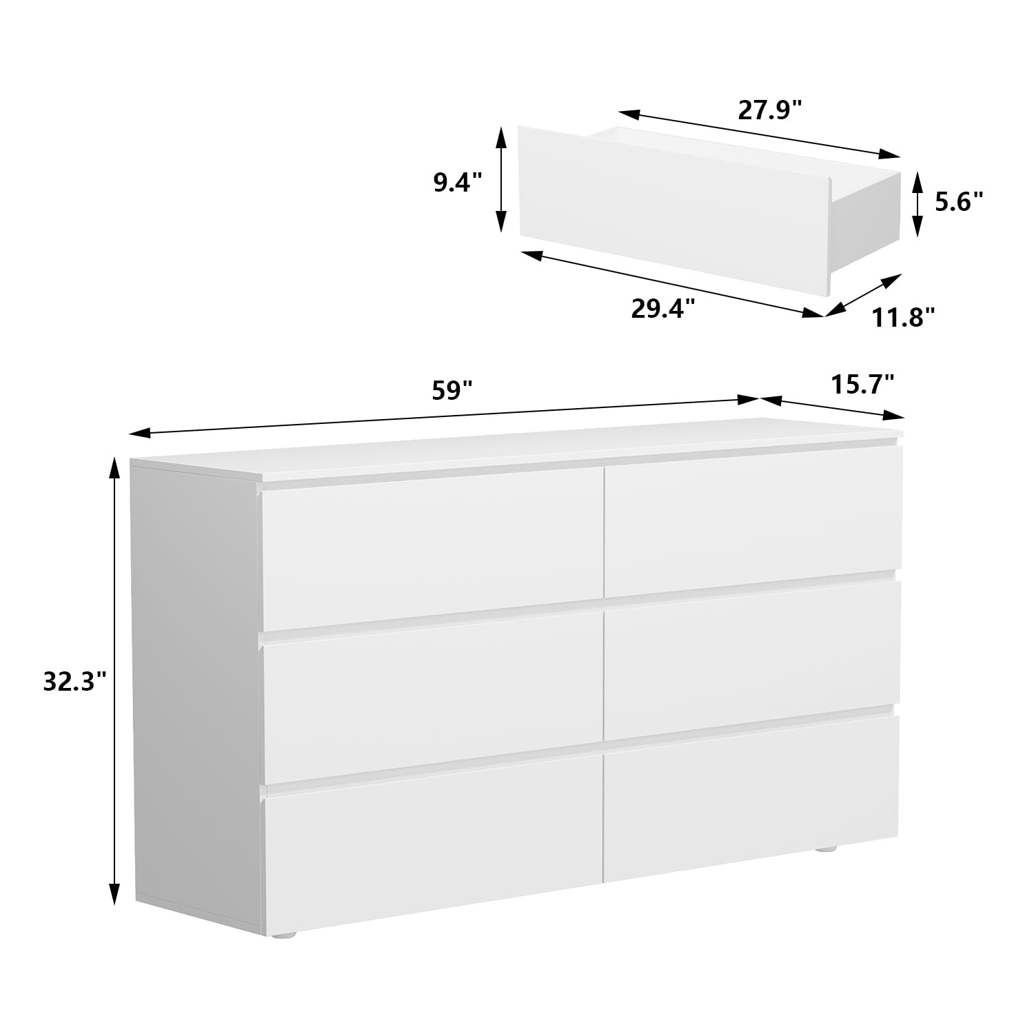 AIEGLE 6-Drawer Dresser for Bedroom - White Modern Handle-Free Wooden Chest with Smooth Pop-Out Drawers, Storage Organizer (59