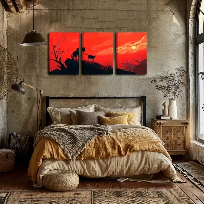 3-Piece Red Sky and Black Cat Wall Art Set - Framed Canvas 40x60cm (16x24in) | High Quality Print | 100% Australian Made | Ready to Hang | Perfect for Living Room, Bedroom & Office Decor