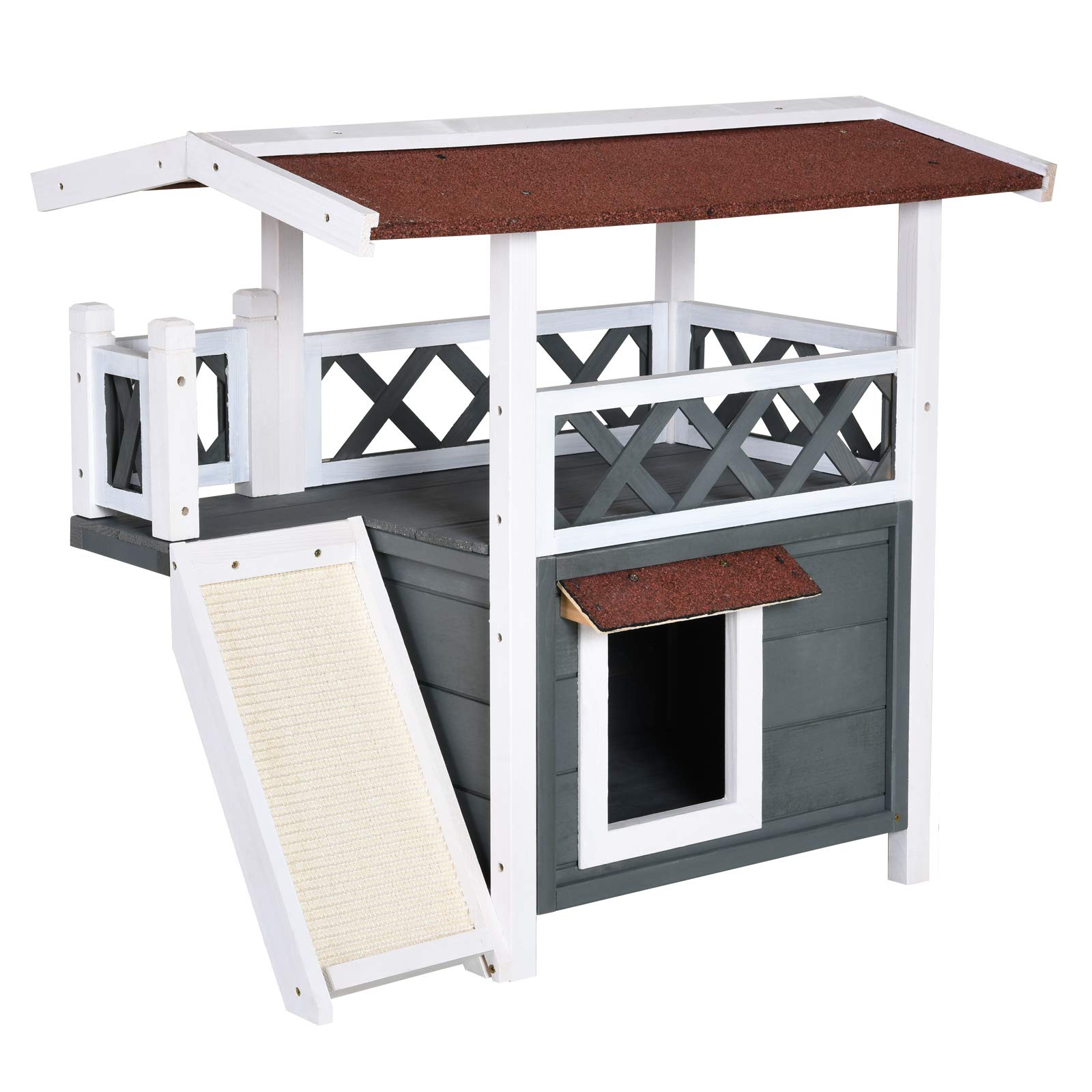 PawHut 2-Story Outdoor Cat House - Weatherproof Wooden Feral Cat Shelter with Sisal Ramp & Balcony, Grey - Perfect for Backyard, Garden, or Patio Use
