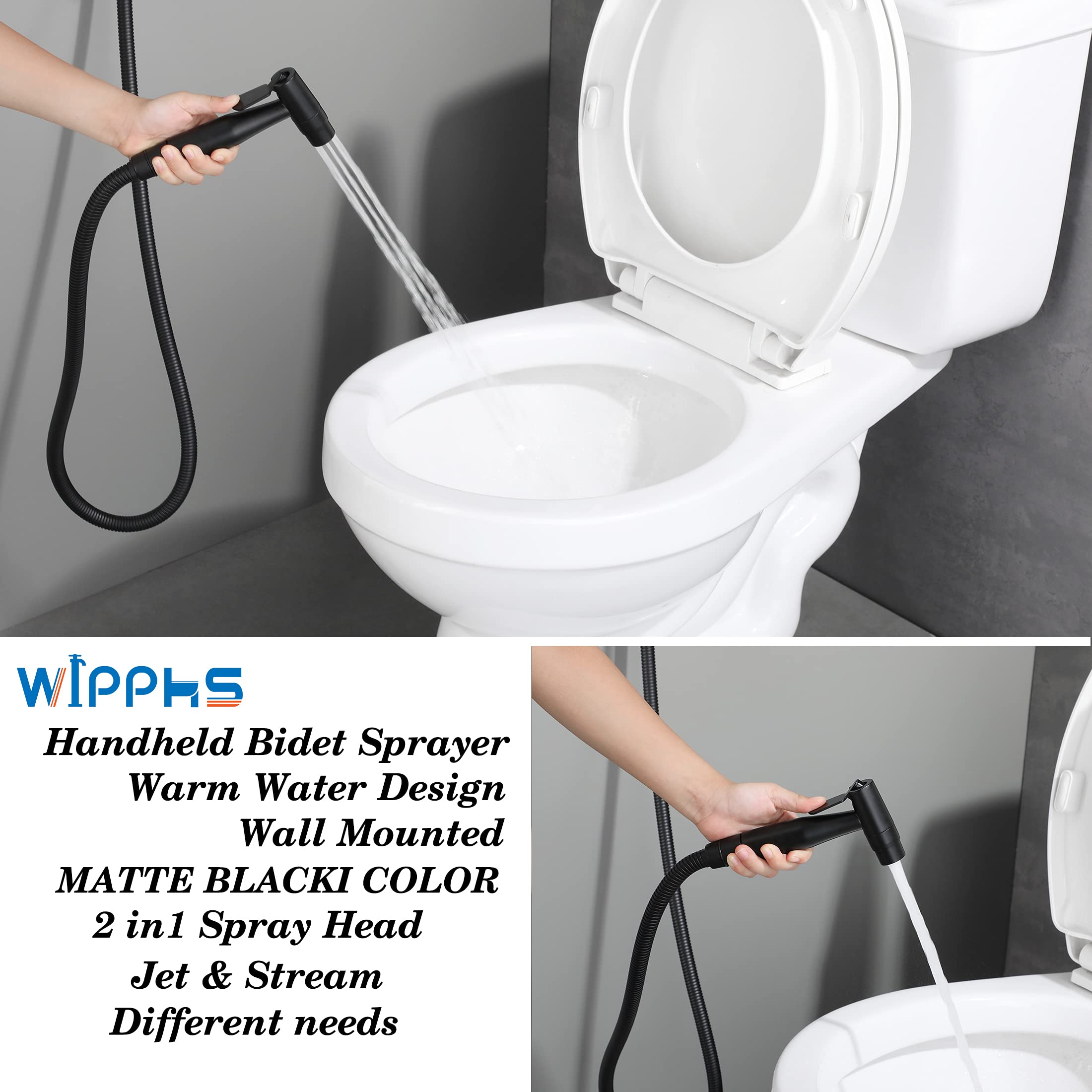 Black Handheld Bidet Sprayer with Warm Water - Stainless Steel Toilet Bidet Sprayer with Brass Hot/Cold Mixing Valve (WI9138BK) - Perfect for Bathroom Hygiene & Postpartum Care