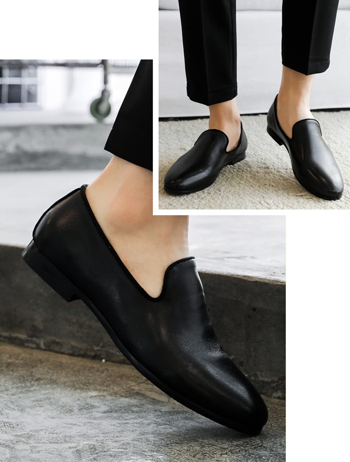 Santimon Men's Slip-On Penny Loafers - Casual Smoking Slippers & Driving Dress Shoes for Business & Travel - Comfortable Black Leather Shoes for Office, Parties & Daily Wear