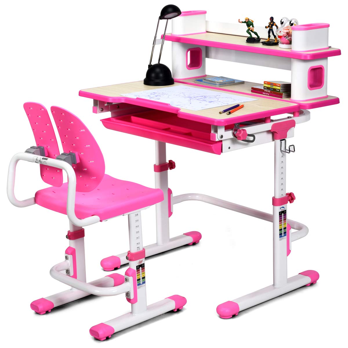 ARLIME Adjustable Kids Desk and Chair Set with Storage Drawer - Ergonomic Study Desk for Children, Tiltable Writing Table with Metal Hook, Multifunctional Furniture for Boys & Girls (Pink) - Perfect for Homeschooling, Online Classes & Bedroom Study Space