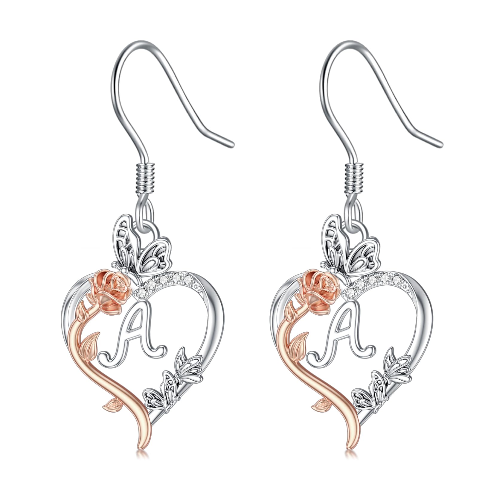 TOUPOP Sterling Silver Rose Heart Initial Earrings with Butterfly Charm - Personalized Birthday Jewelry Gifts for Women, Her, Girlfriend - Perfect for Valentine's Day, Anniversary & Special Occasions