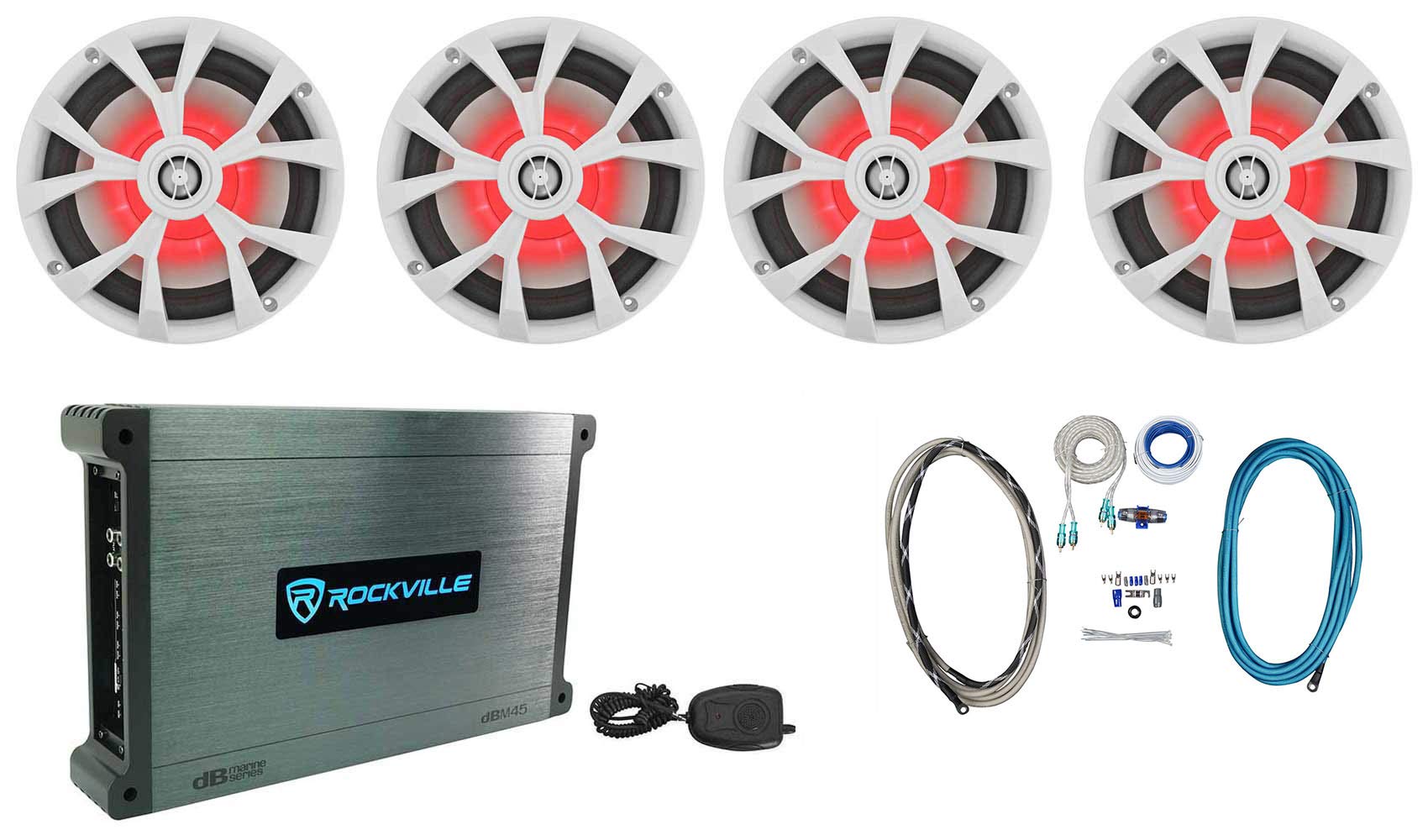 Rockville RKL80MW 8 Inch 700W Marine Boat Speakers with LED Lights, Amplifier & Amp Kit - Waterproof Outdoor Audio for Boats, Yachts, Pools & Patio Parties