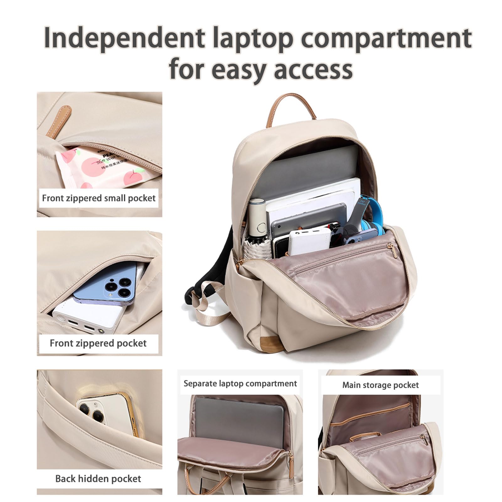 Waterproof Laptop Backpack for Women - KEBEIXUAN College Nurse Teacher Travel Backpack with Laptop Compartment (Khaki) - Perfect for Work, School & Business Trips