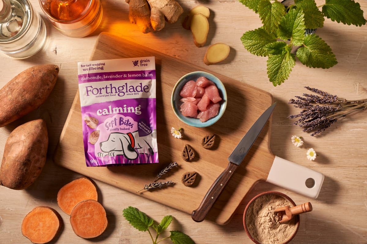 Forthglade Natural Hypoallergenic Grain Free Dog Treats with Chamomile, Lavender & Lemon Balm - Calming Soft Bites for Anxious Dogs (8 Pack of 90g Resealable Bags) | Perfect for Training, Travel & Stress Relief