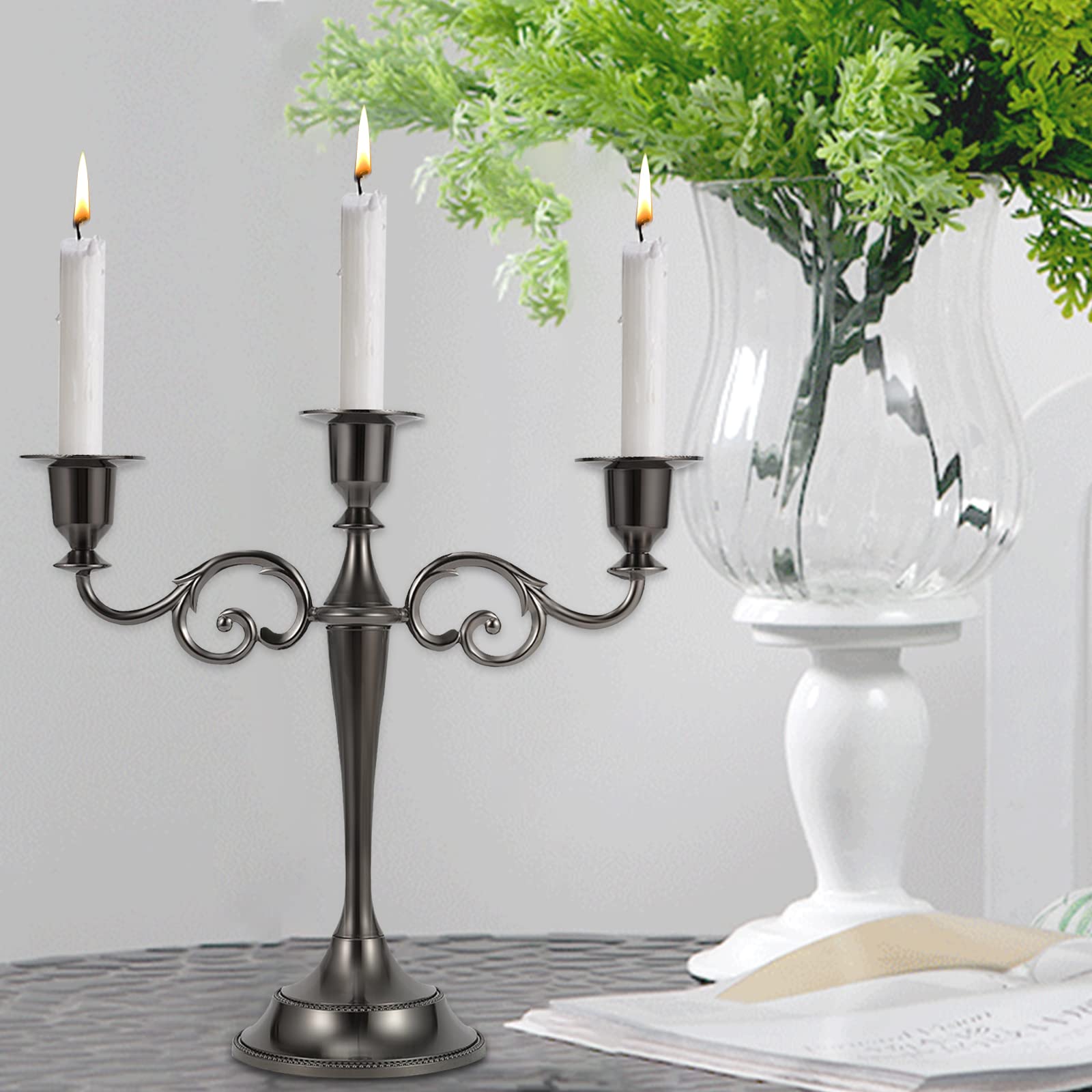 Dyna-Living 3-Arm Black Metal Candelabra Candle Holder for Long Candles - Elegant Wedding, Party & Anniversary Decor (Set of 2) - Perfect for Dining Table Centerpieces, Fireplace Mantels & Romantic Ambiance