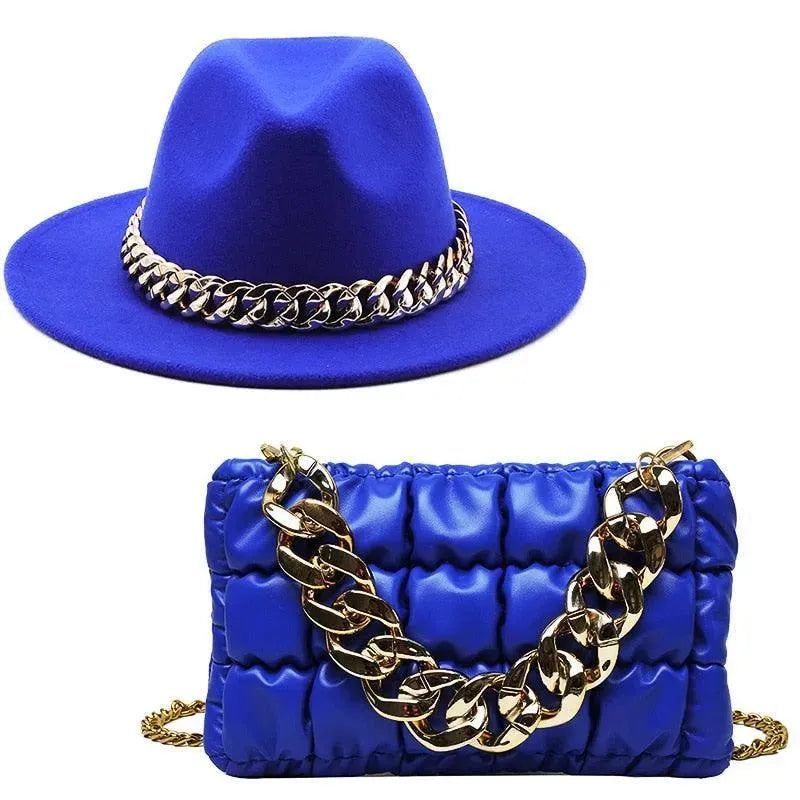 Stylish Women's Luxury Fedora Hat & Oversized Chain Handbag Set - Fashionable Accessories for Parties, Weddings & Daily Outfits