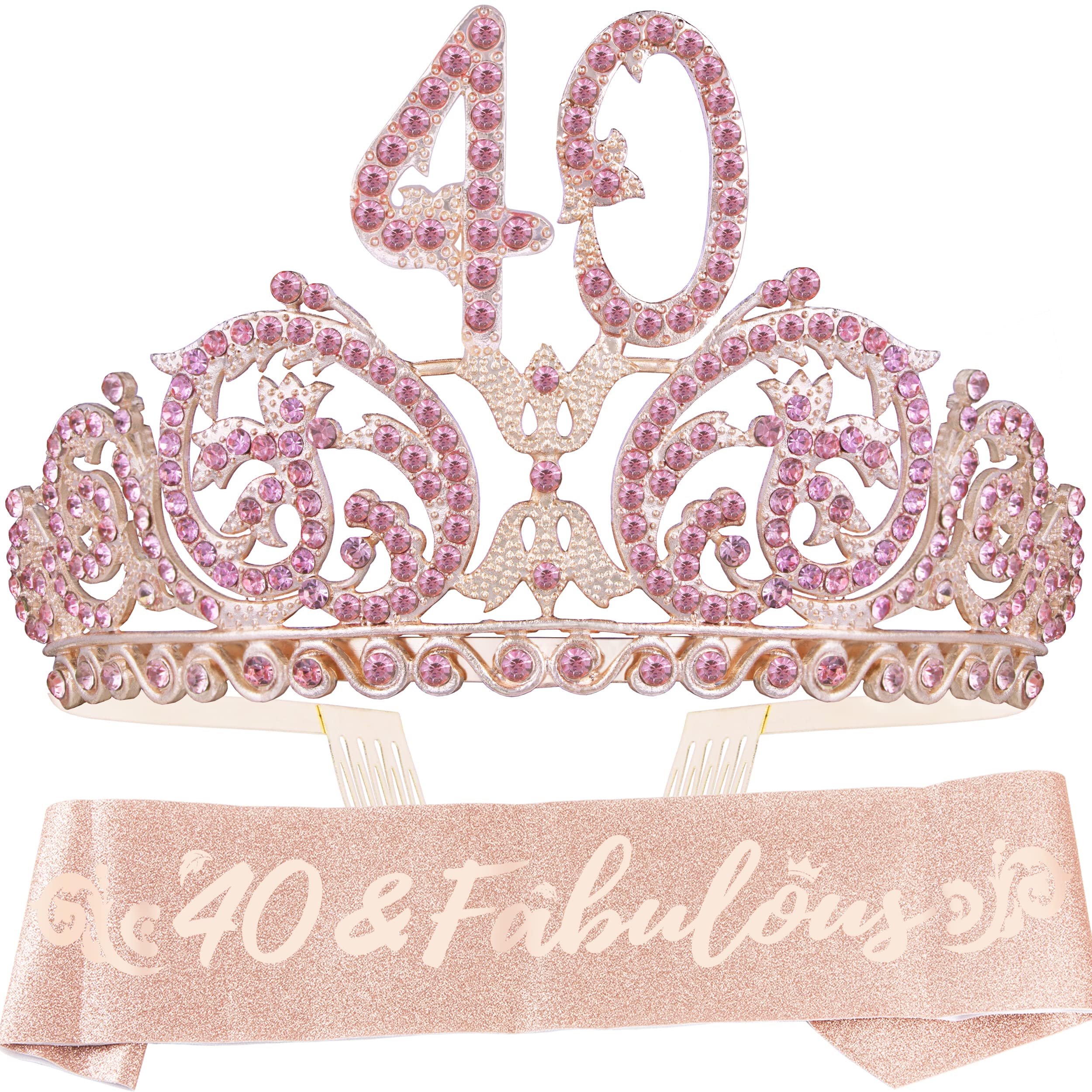 40th Birthday Tiara and Sash Set - Sparkling Pink Birthday Crown & Decorations for Women | Perfect 40th Birthday Gift Idea for Parties, Celebrations & Milestone Events