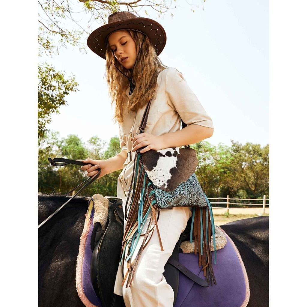 Myra Blue Cow Print Leather Fringe Bag - Conceal Carry for Outdoors