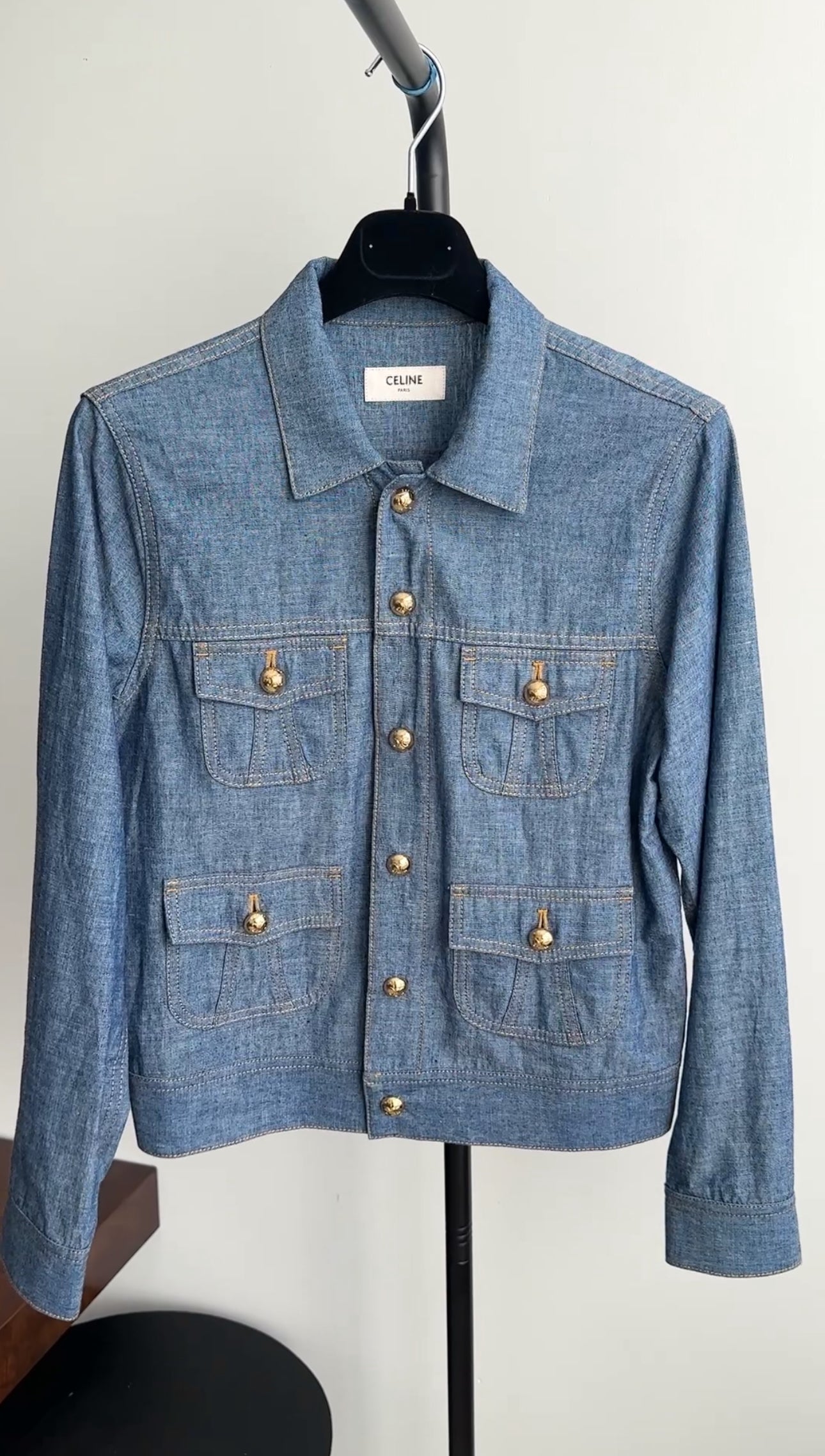 Celine Blue Denim Trucker Jacket - Lightweight Distressed Denim Shirt Jacket for Women (Size M) | Casual Streetwear & Spring Layering Essential