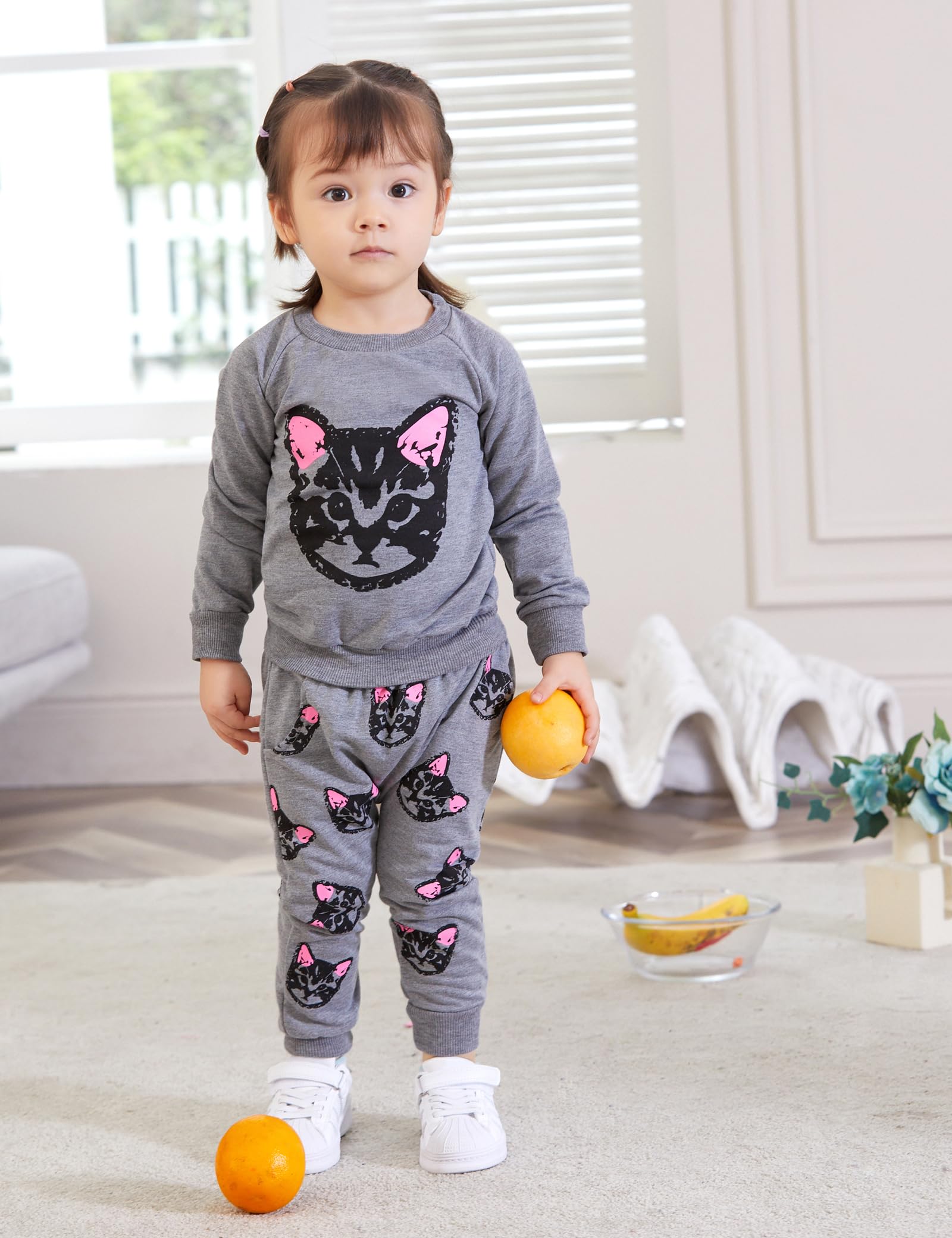 Puseky Cute Cat Sweatshirt & Pants Tracksuit Set for Toddler Girls - Soft Cotton Kids Outfit for Playdates, School & Casual Wear