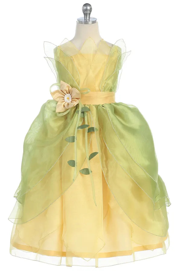 Yellow & Green Princess Dress for Girls - Elegant Kids Party Gown (1211) | Perfect for Birthday Parties, Halloween Costumes & Dress-Up Play
