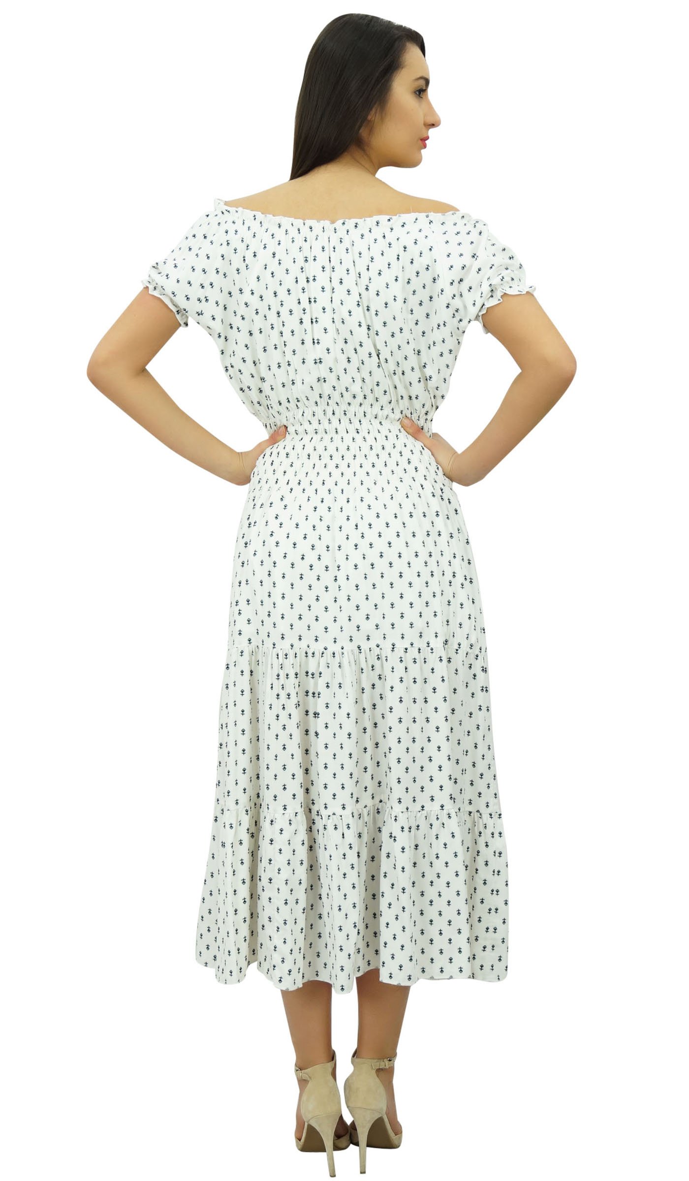 Bimba Women's Printed Off Shoulder Party Dress with Smocked Waist - Flared Maxi Dress for Weddings, Cocktail Parties & Summer Vacations