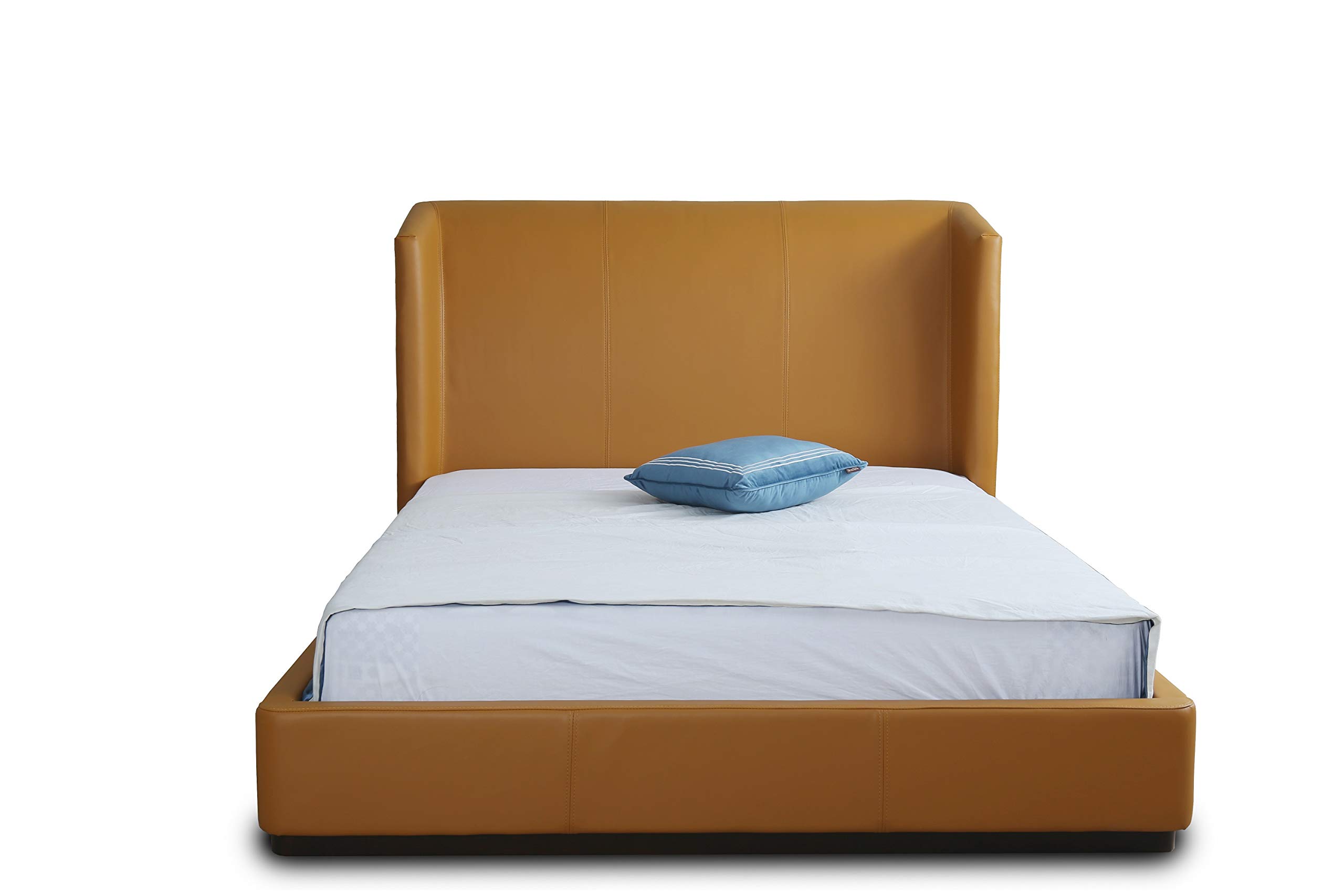 Mid Century Modern Faux Leather Upholstered Queen Bed Frame by Manhattan Comfort - Lenyx Collection in Saddle Brown | Perfect for Contemporary Bedrooms & Master Suites