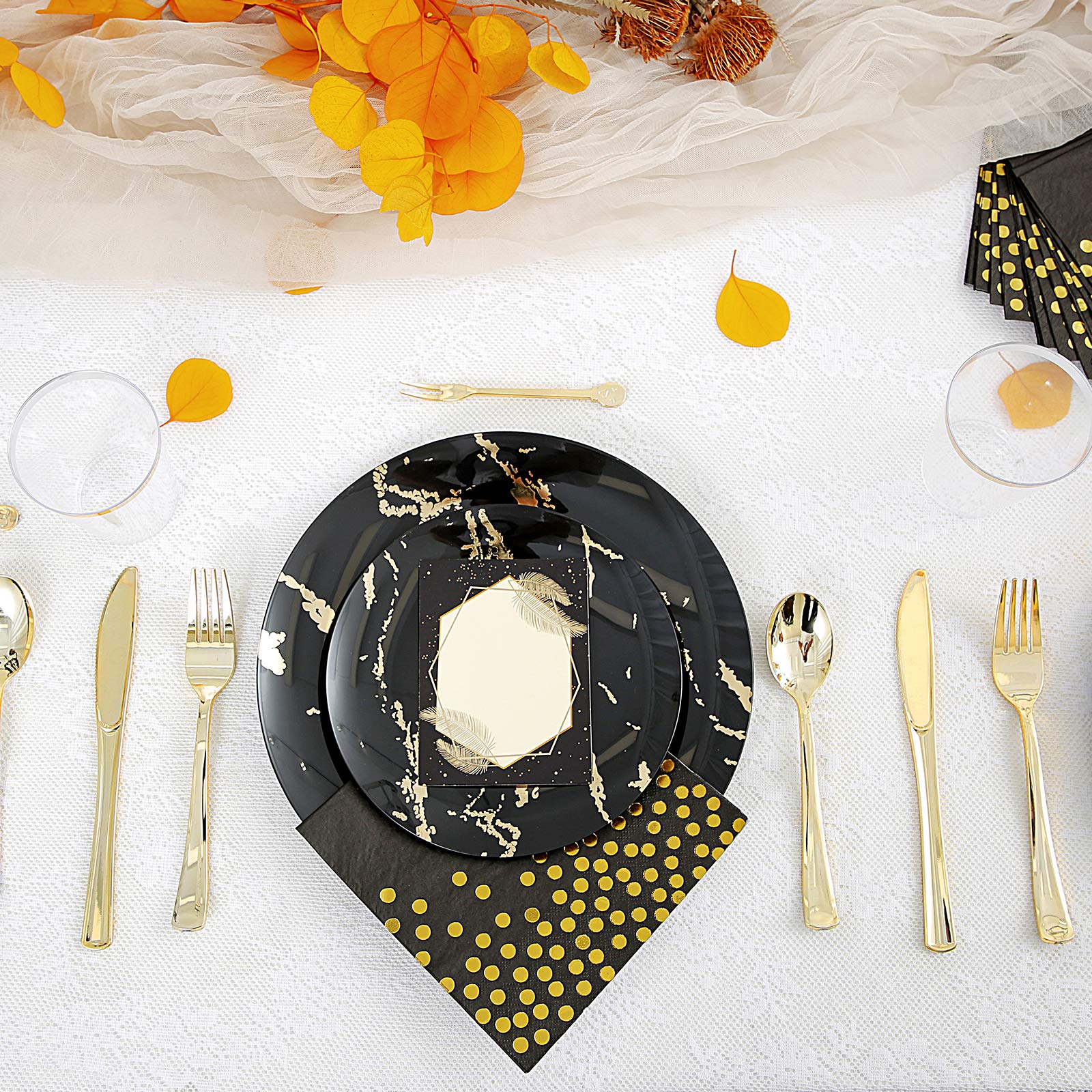 225-Piece Black & Gold Disposable Plastic Dinnerware Set - 25 Dinner Plates, Dessert Plates, Forks, Gold Cups, Napkins & Table Cards - Elegant Party Supplies for Halloween, Weddings & Special Events