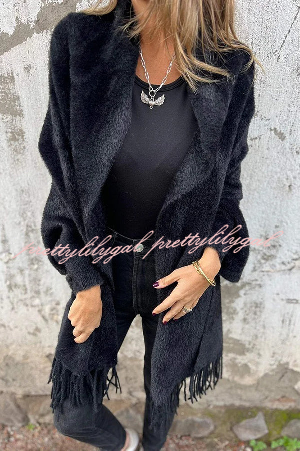 Cozy Knit Plush Tassel Trim Relaxed Shawl Cardigan for Women - Soft Warm Winter Wrap Sweater for Lounge, Travel & Casual Outfits
