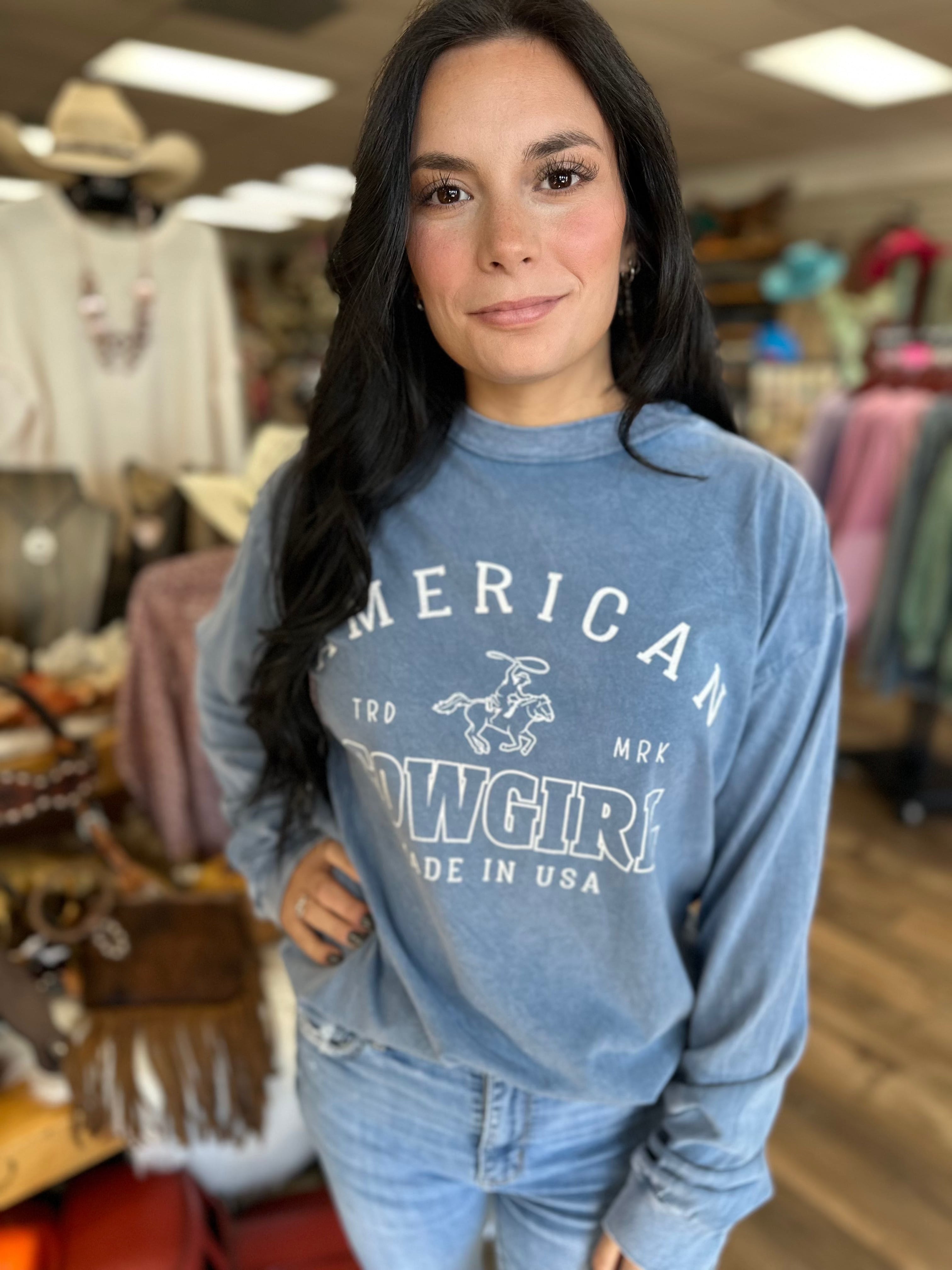 American Cowgirl Graphic Long Sleeve Shirt - Western Style Mineral Print Top for Women | Perfect for Rodeo, Country Music Festivals & Casual Wear