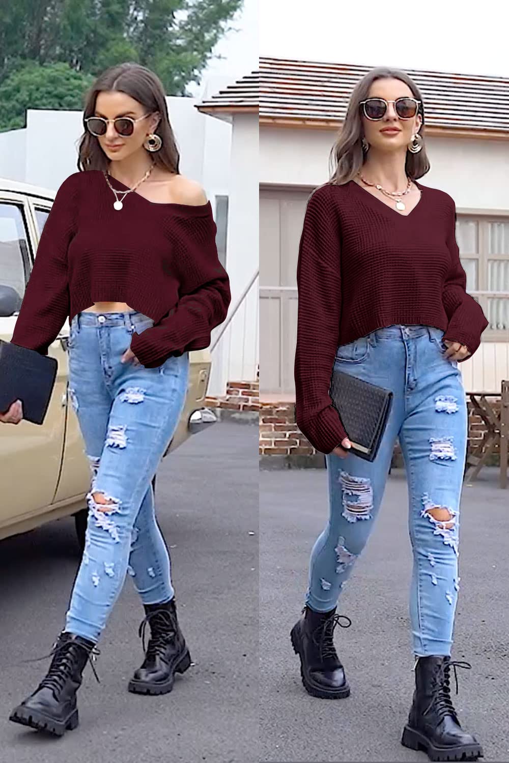 Jumppmile Women's V Neck Waffle Knit Cropped Top Long Sleeve Pullover Sweater - Casual Fall Winter Fashion for Outfits, Date Night & Office Wear