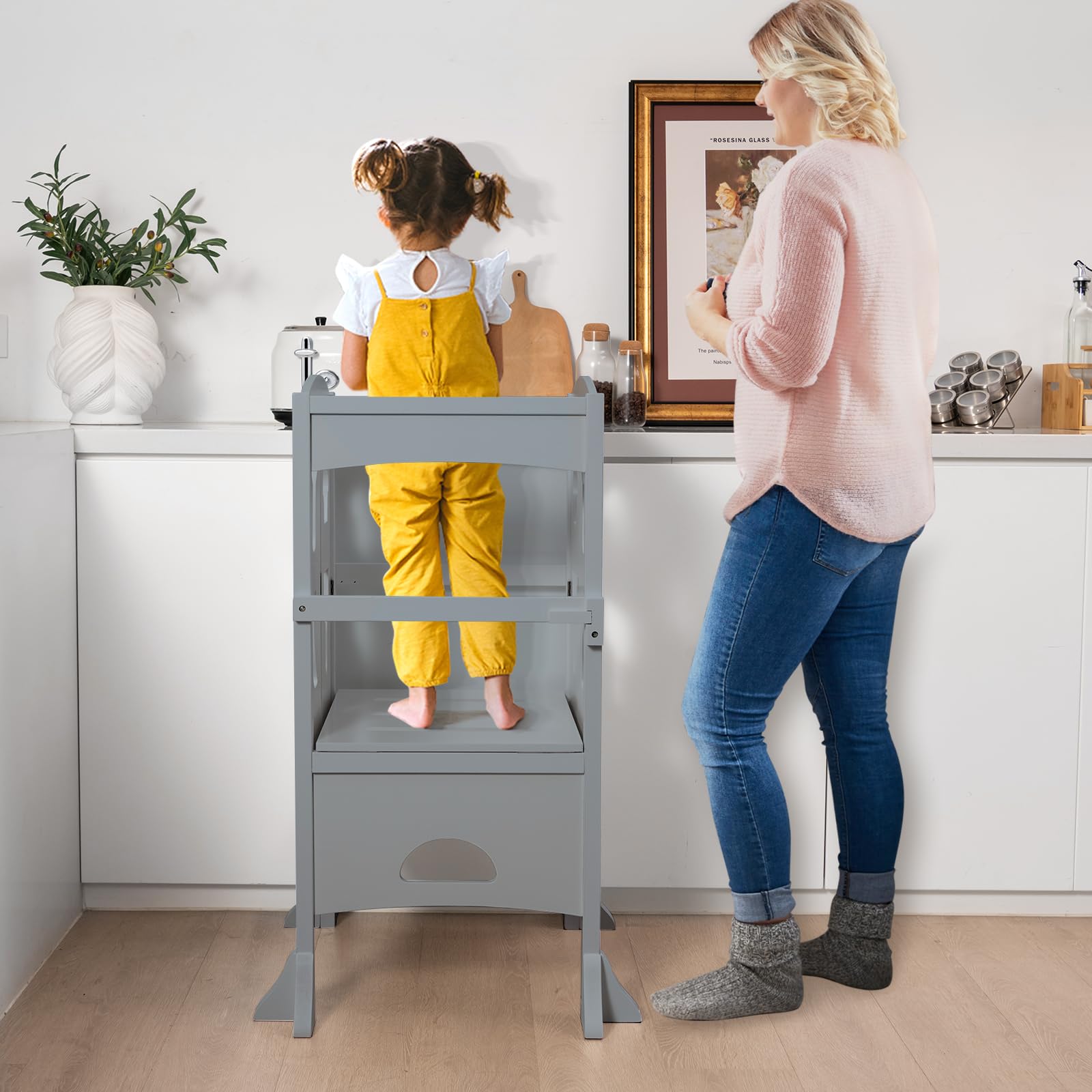 HONEY JOY Foldable Wooden Kitchen Step Stool for Toddlers & Kids with Safety Rail - Montessori Learning Tower for Kitchen Counter - Gray - Perfect for Cooking, Baking & Learning Independence