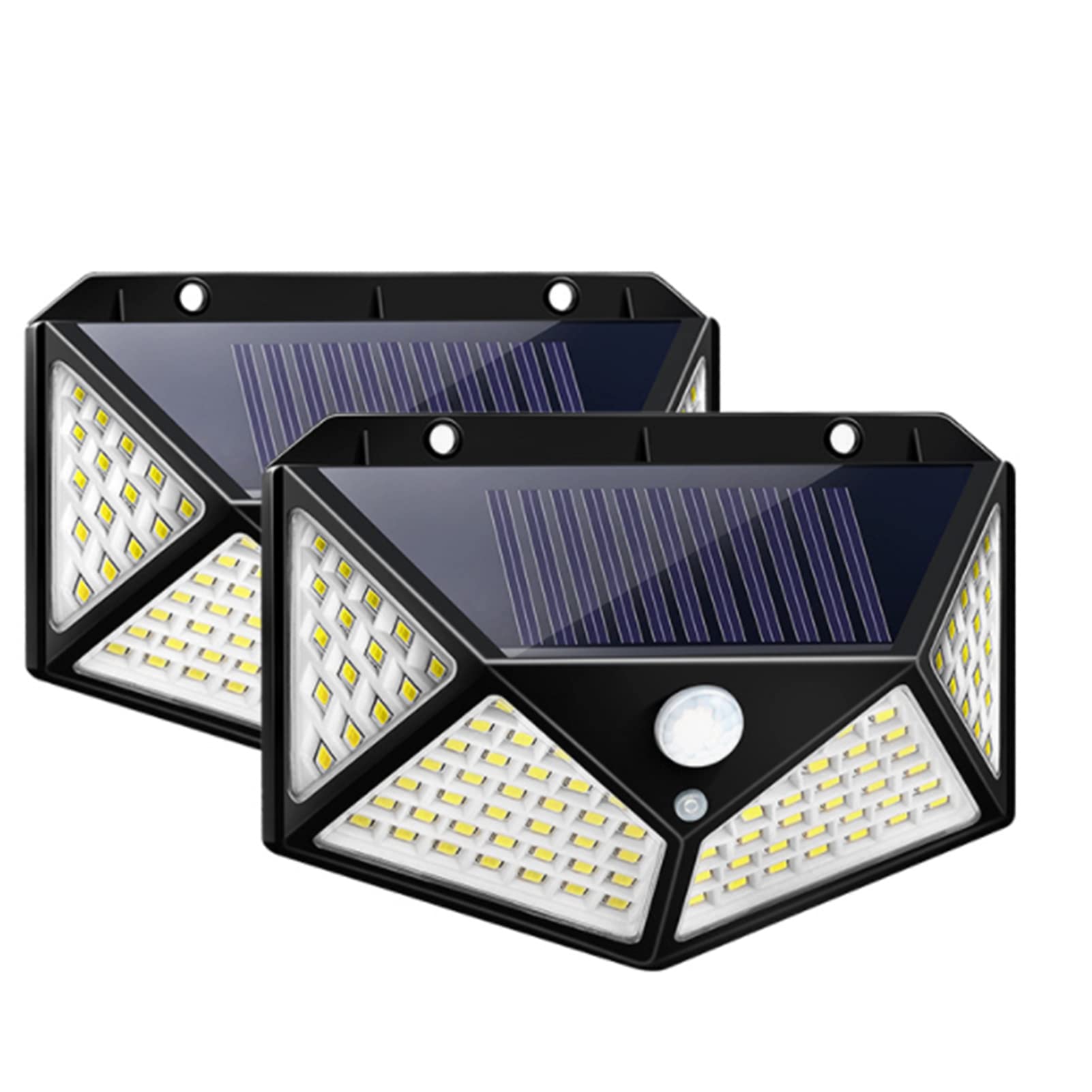 Solar Powered Outdoor LED Wall Lights - 100 LEDs with Human Body Sensor, 3 Detection Modes (2 Pack) for Garden, Fence, Courtyard, Pathway & Patio Lighting