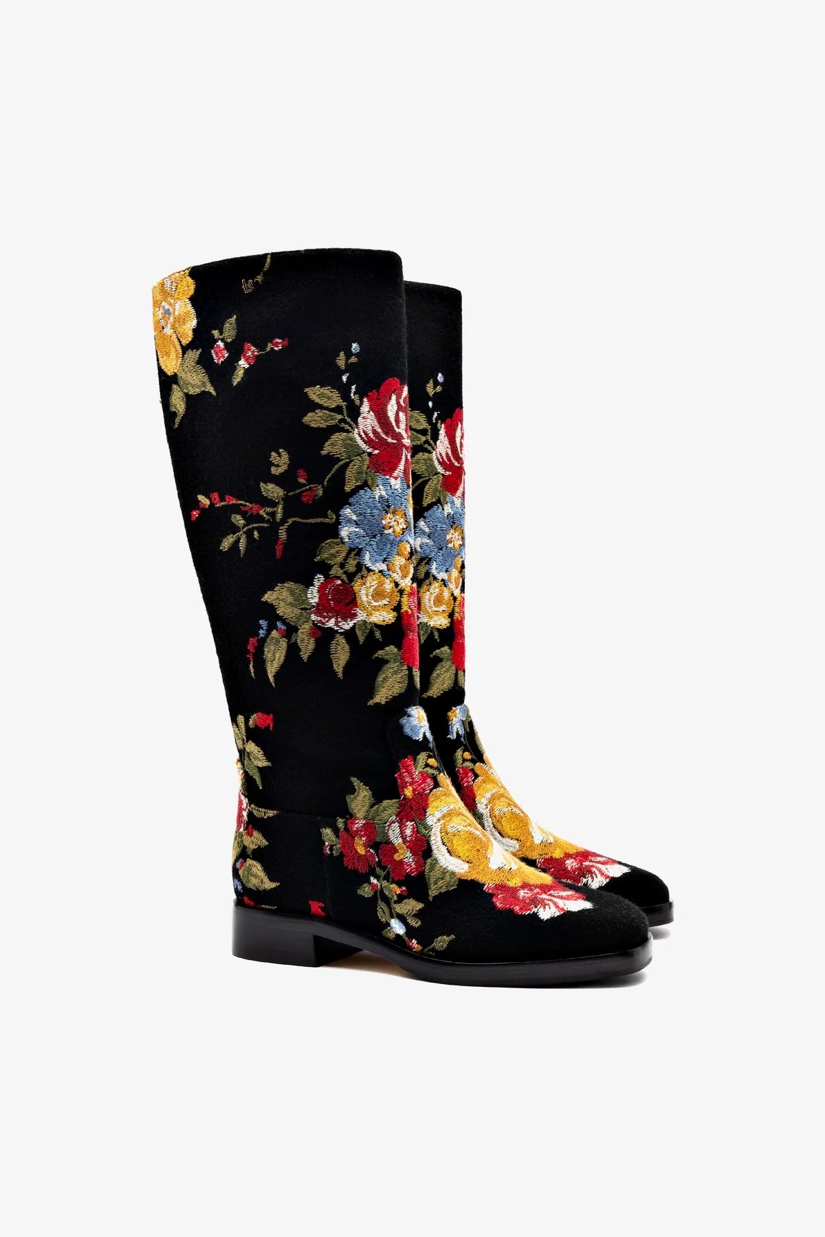 Larroudé x Markarian Black Wool Flat Boots with Floral Embroidery - Stylish Winter Ankle Boots for Women, Perfect for Casual Outings and Office Wear