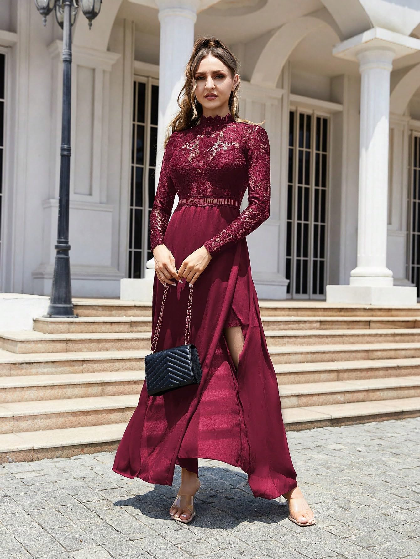 SweatyRocks Women's Sexy Sheer Lace Long Sleeve Split Maxi Cocktail Party Dress for Evening Gala, Prom, Wedding Guest & Special Occasions