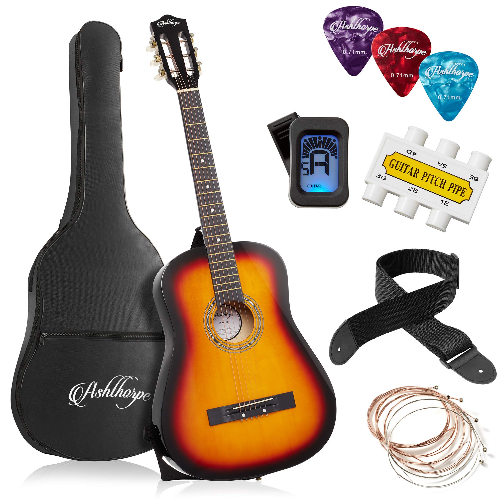 Ashthorpe 38-inch Sunburst Acoustic Guitar Starter Kit for Beginners - Includes Gig Bag, Strings, Strap, Tuner, Pitch Pipe & Picks - Perfect for Learning, Practice & Travel