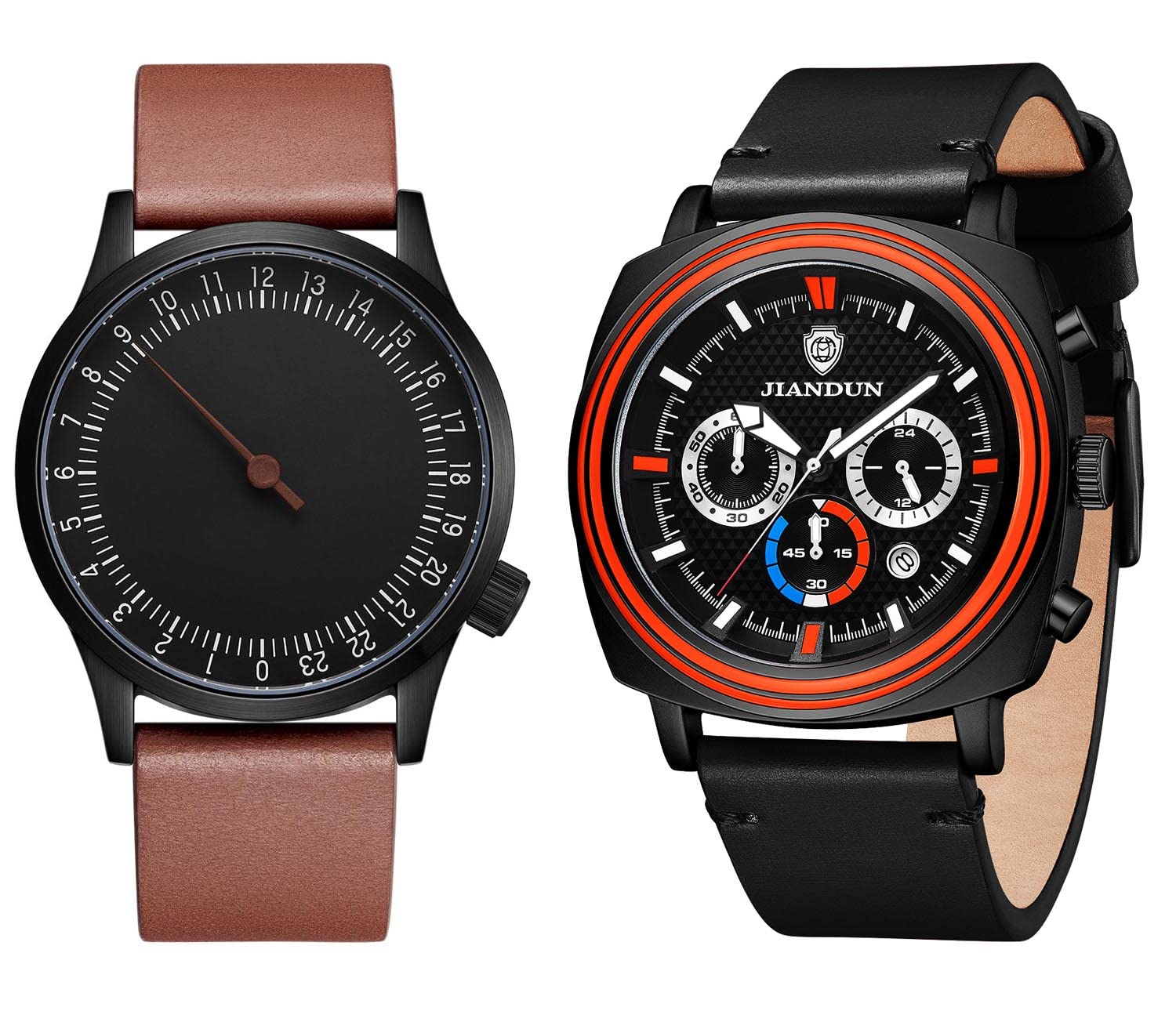 JIANDUN One-Hand Watch for Men - Minimalist Sport & Dress Watch in Black & Orange - Perfect for Casual, Office & Outdoor Activities