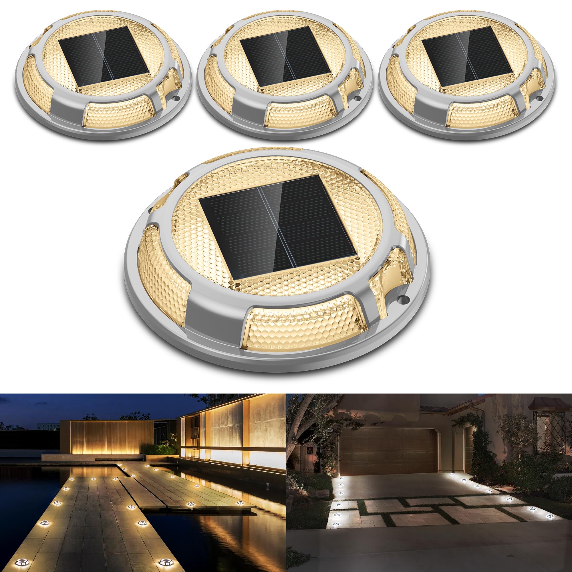 4 Pack Solar Dock Lights - 2-in-1 Outdoor LED Deck Lights with Warm & Cool White | Solar Powered Pathway Lighting for Walkways, Stairs & Patios | Weatherproof Landscape Lighting for Gardens, Driveways & Pool Areas