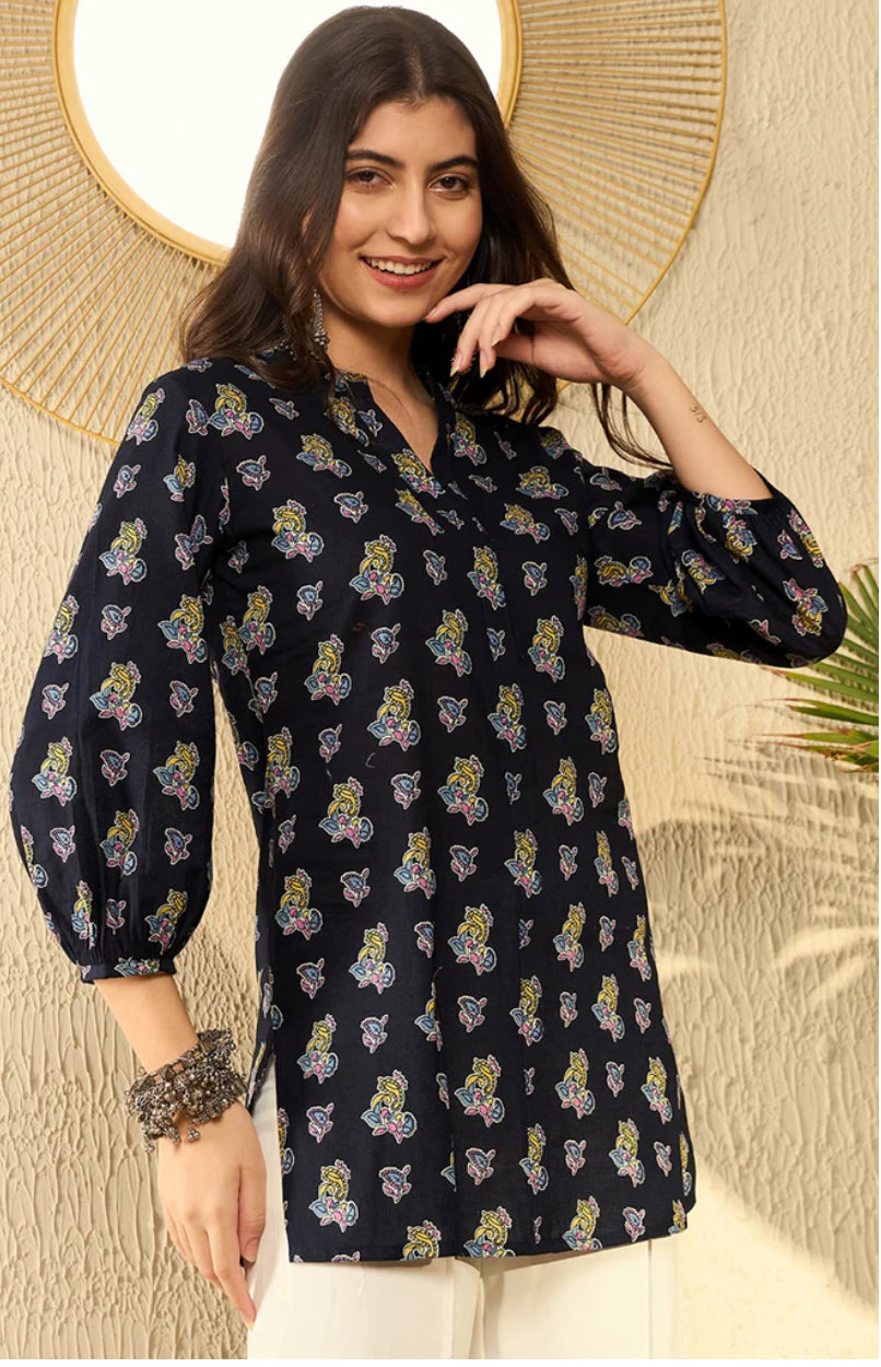 Navy Blue Cotton Blend Tunic Top for Women - Soft Casual Long Shirt with Side Slits - Perfect for Work, Weekend Outfits & Layering