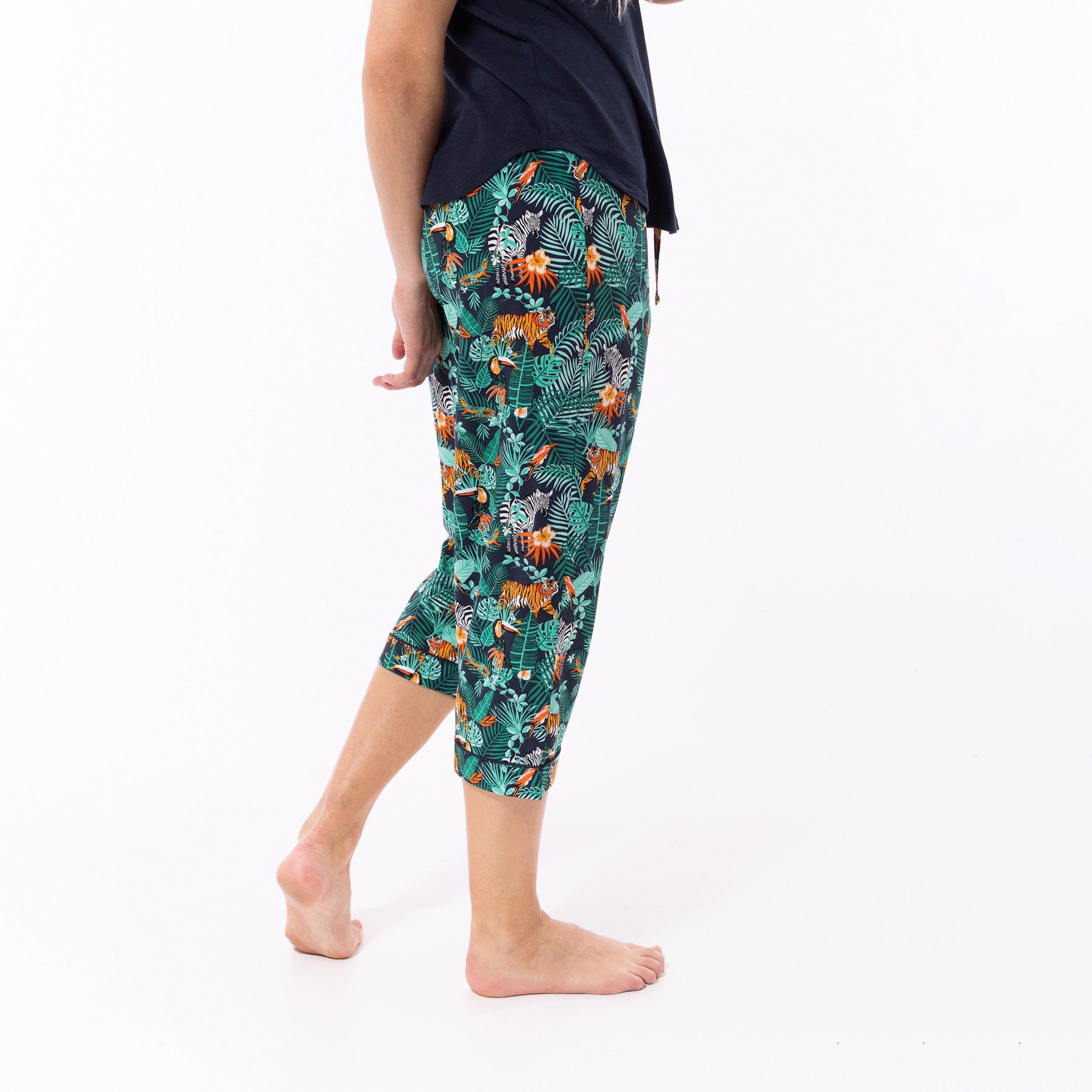 Women's Dark Jungle Print Woven Pants and Knit Tee Pajama Set - Navy Blue Sleepwear for Lounge & Comfortable Nightwear