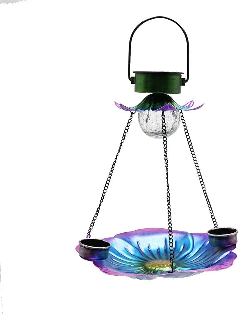 Outdoor Hanging Wrought Iron Hummingbird Feeder with Solar LED Light - Garden Bird Water Feeder for Backyard, Patio & Balcony Decoration