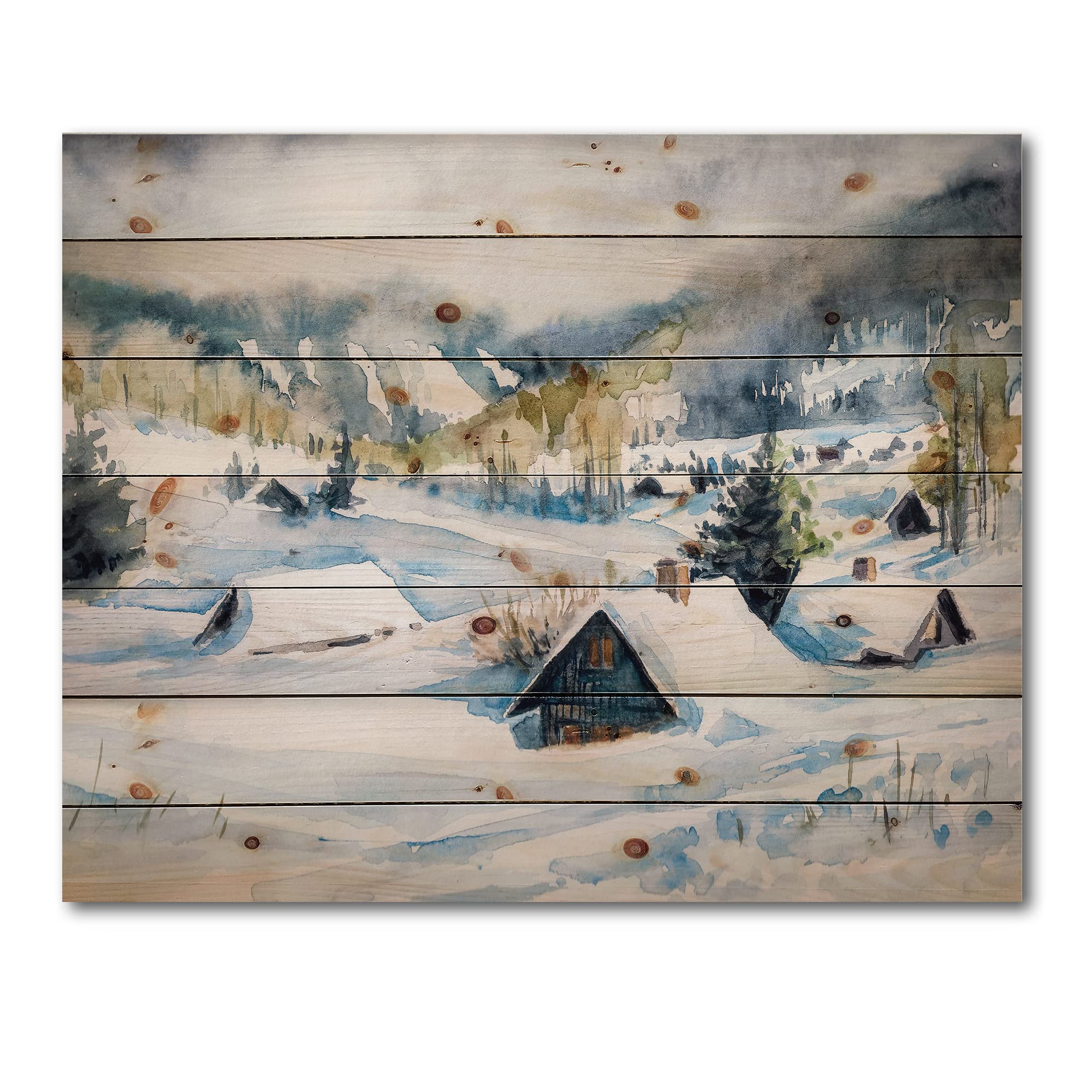 DesignQ Winter Mountain Village Traditional Wood Wall Art - Large Landscape Pine Wood Panel Decor for Living Room, Bedroom & Office
