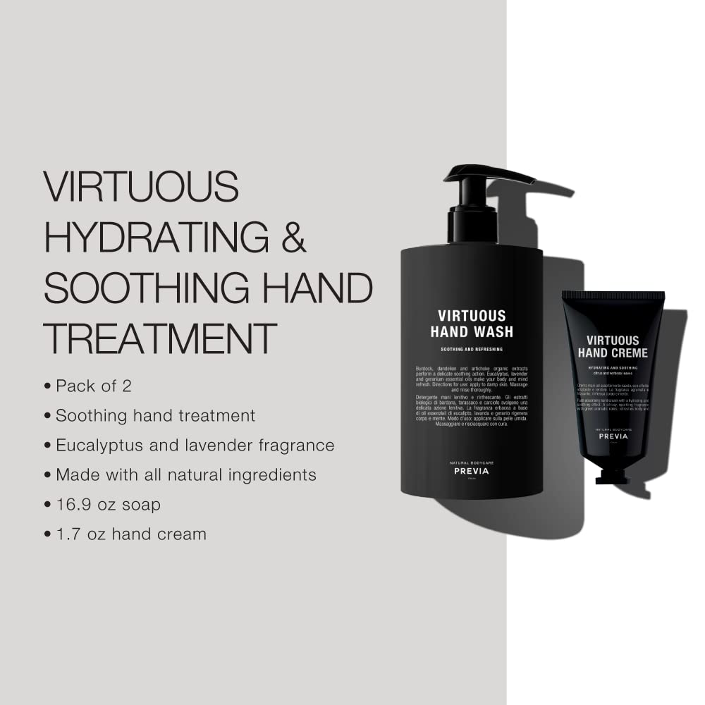 PREVIA Virtuous Soap Set - Lavender & Geranium Scented Hand Wash (16.9 oz) & Moisturizing Hand Cream (1.7 oz) | Vegan, Natural Skincare Duo for Dry Hands | Perfect for Bathroom, Kitchen & Gift Giving