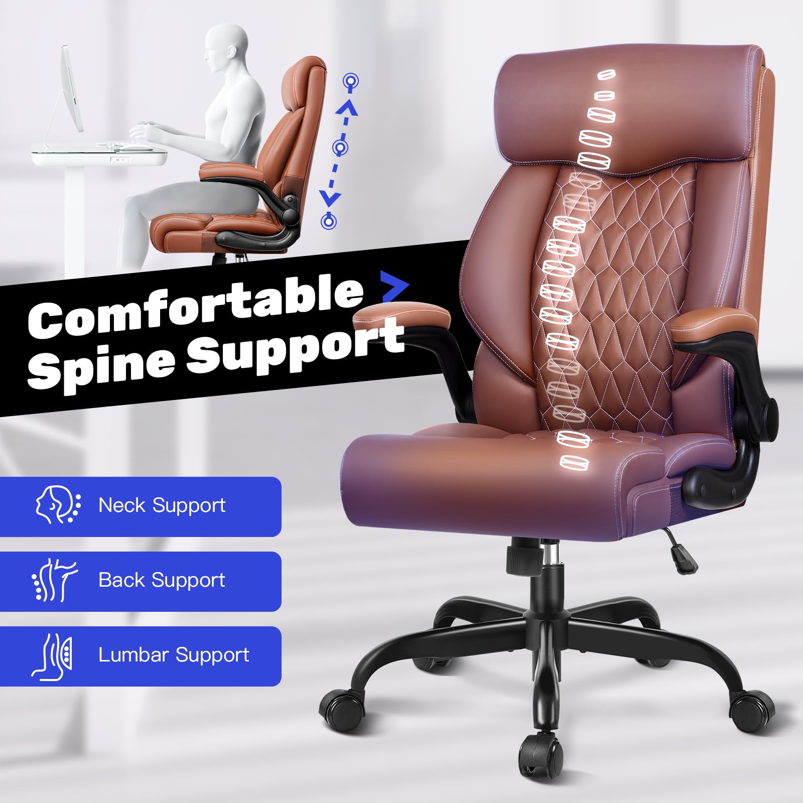 Premium Ergonomic High Back Executive Office Chair - Adjustable Lumbar Support & Flip-Up Armrests - Leather Managerial Desk Chair with Rocking Function for Home & Business Use
