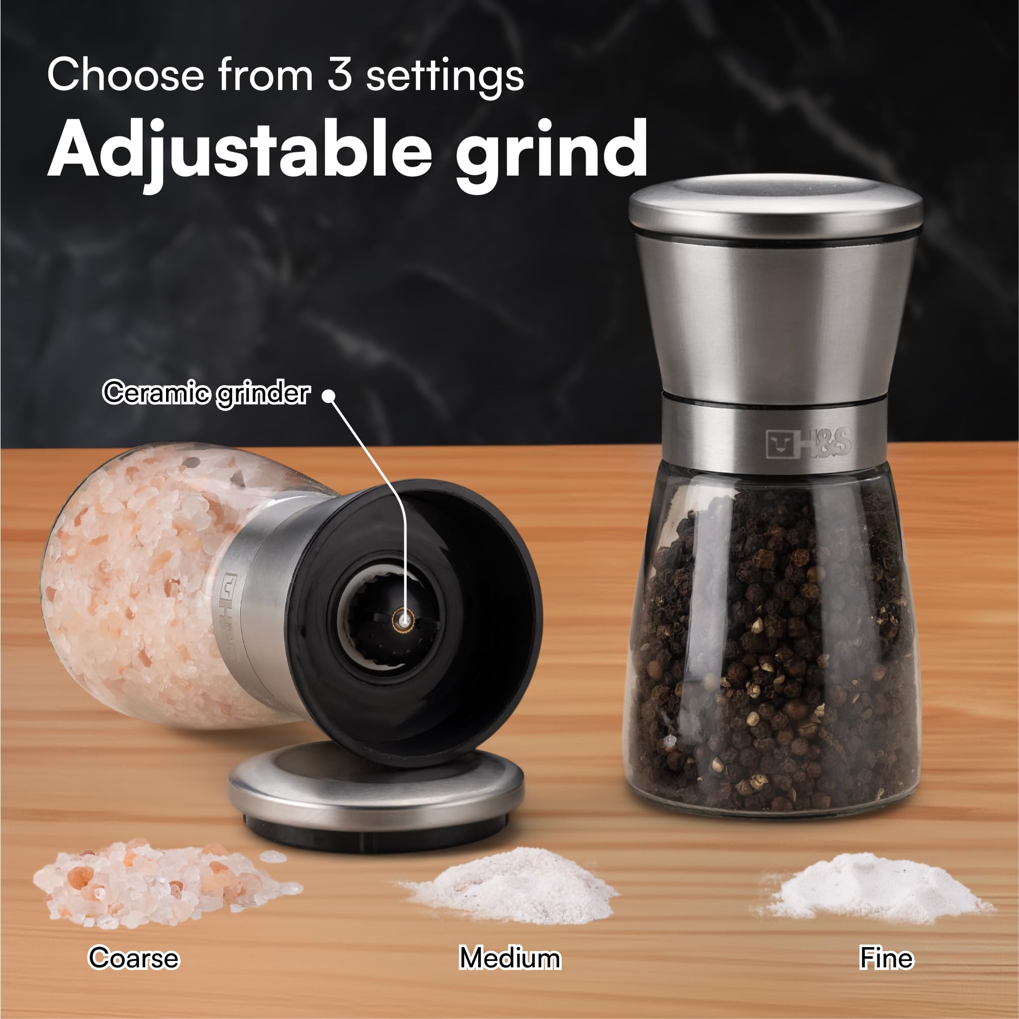 Premium H&S Salt and Pepper Grinder Set - Manual Adjustable Coarseness Mill for Kitchen - Glass & Stainless Steel Spice Shakers - Easy Fill Large Capacity - Perfect for Cooking, Dining & Gourmet Seasoning