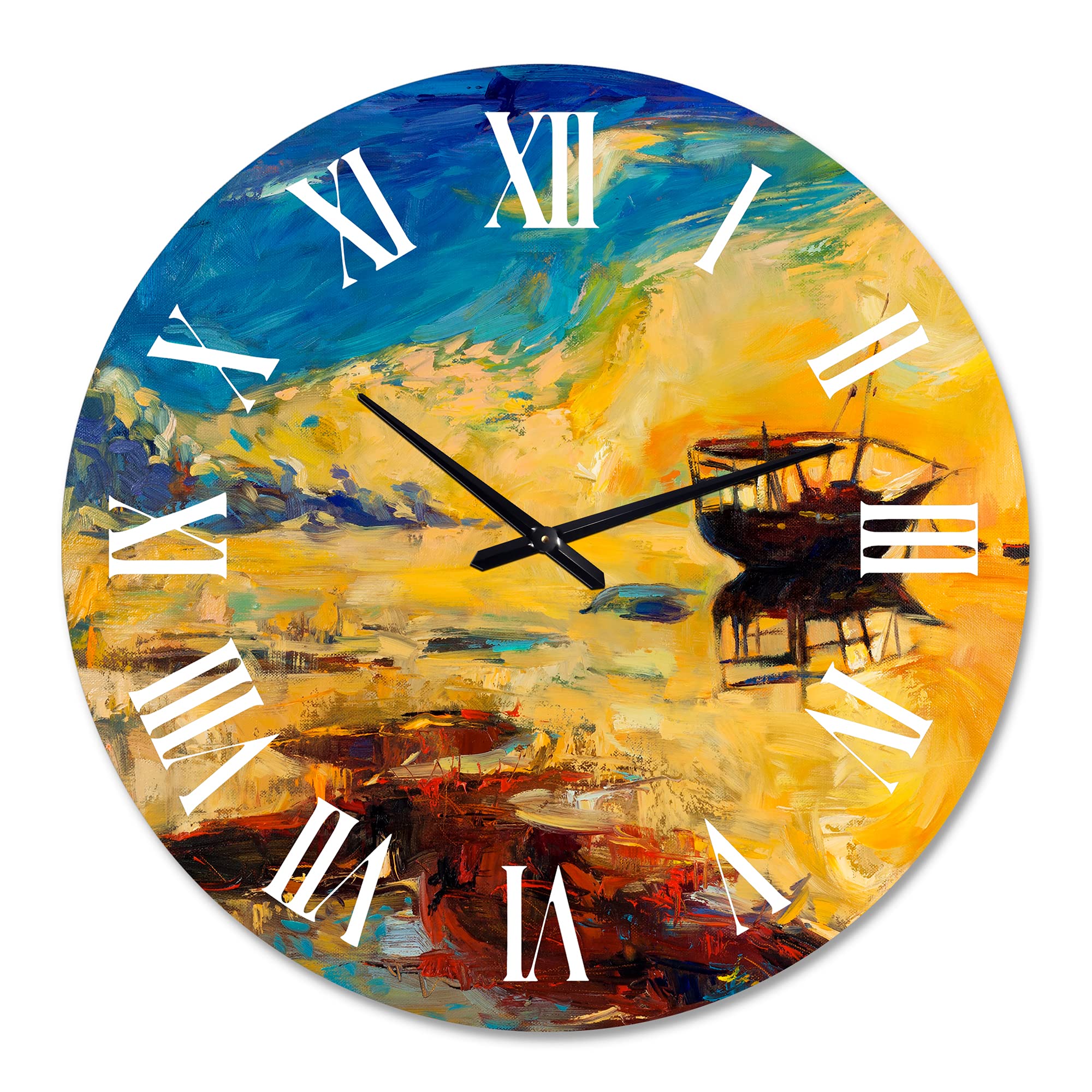 DesignQ Nautical Coastal Wall Clock - Large Sunset Boat Ocean Horizon Decor for Kitchen, Living Room, Bedroom & Office | Nature Landscape Wall Art