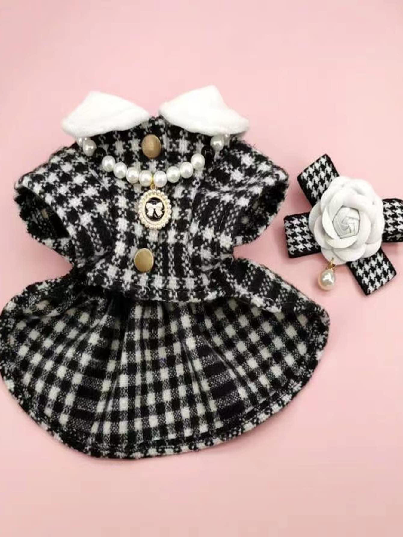 QWINEE 3-Piece Dog Dress Set - Geometric Princess Dress with Flower Bow & Pearl Necklace for Small to Medium Dogs & Cats | Perfect for Pet Parties, Photo Shoots & Special Occasions