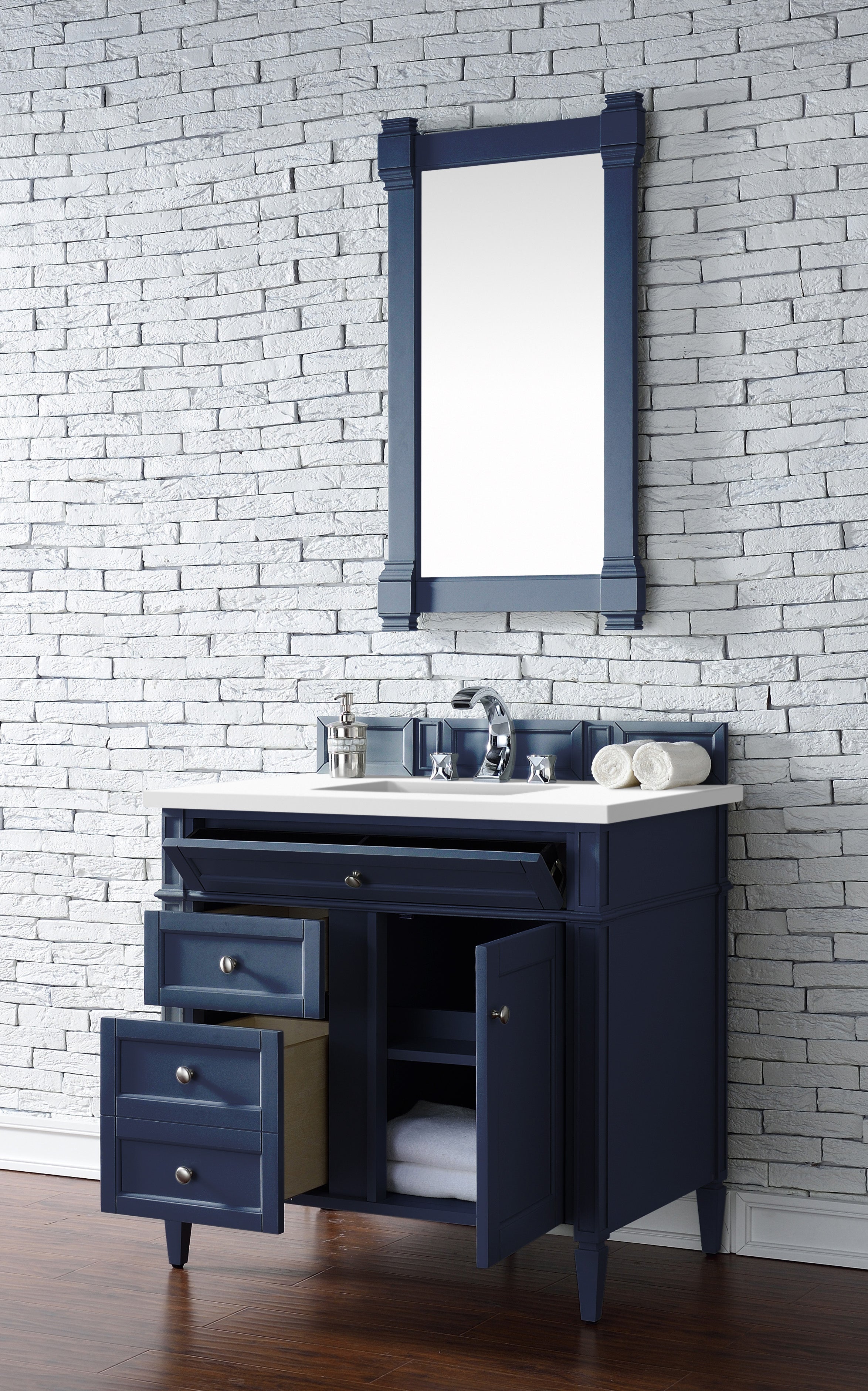Brittany 36-Inch Single Bathroom Vanity in Victory Blue with 3CM White Zeus Quartz Countertop - Perfect for Modern Master Bathrooms & Powder Rooms