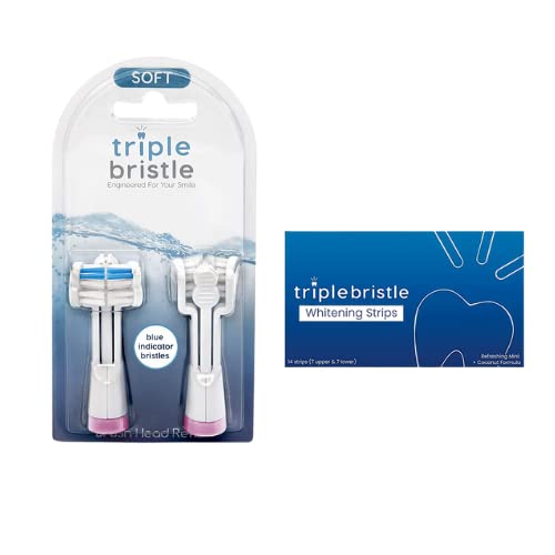 Triple Bristle Replacement Brush Heads 2 Pack (Pink) & Teeth Whitening Strips - 3 Head Design for Sonic Toothbrush | Deep Cleaning & Stain Removal for Brighter Smile | Home & Travel Dental Care