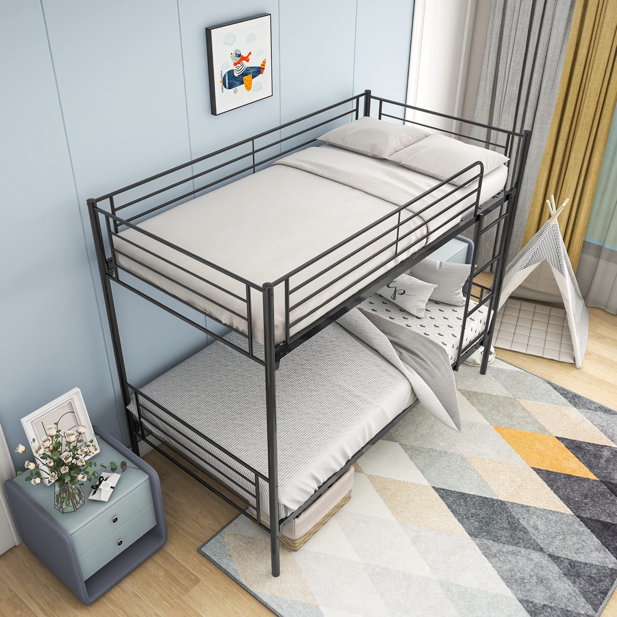 EMKK Twin Over Twin Metal Bunk Bed Frame for Kids, Teens & Adults - Sturdy Guard Rails & Ladder Included - Space Saving, Noise-Free Design - Easy Assembly, No Box Spring Needed - Perfect for Dorms, Small Bedrooms & Shared Kids' Rooms