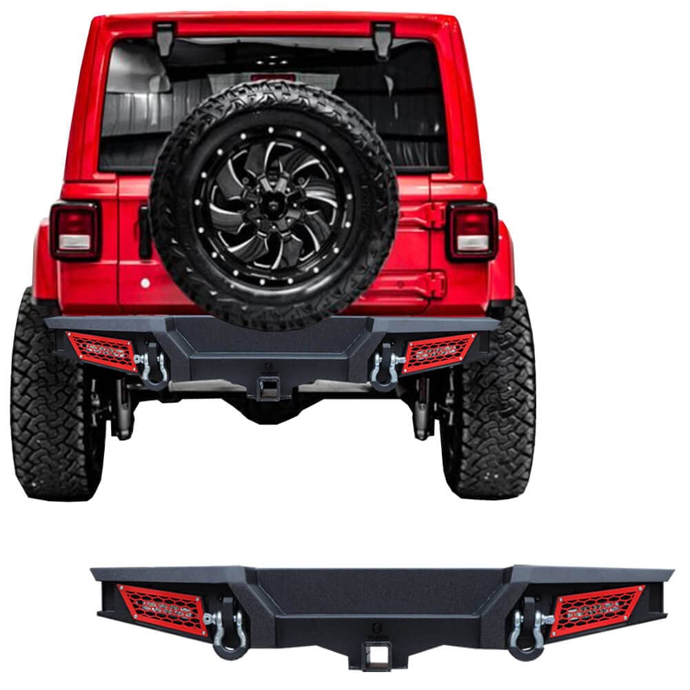Vijay Rear Bumper with Hitch Receiver & LED Lights for 2018-2022 Jeep Wrangler JL/JLU - Heavy Duty Off-Road Protection & Towing Accessory