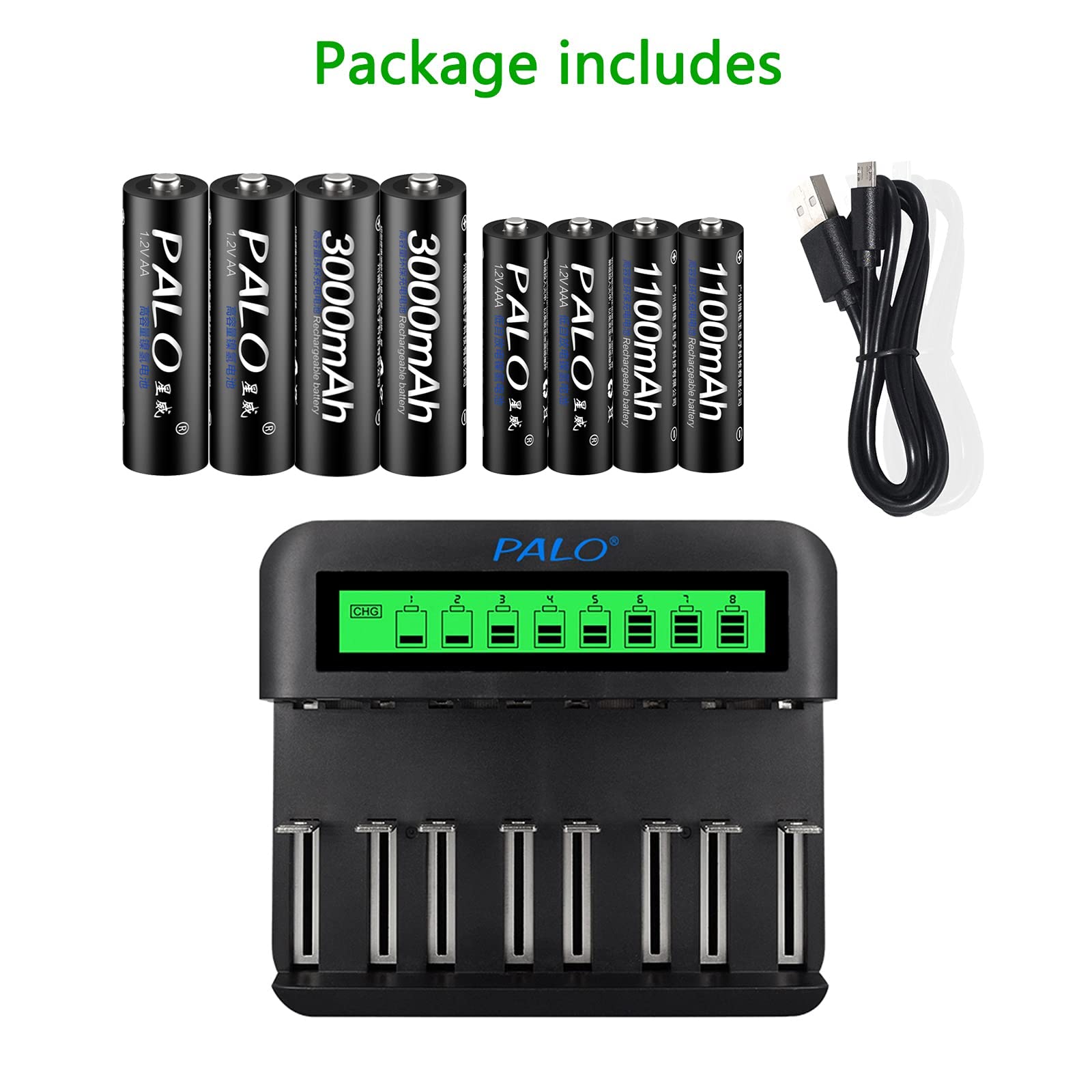 CITYORK Universal LCD Battery Charger for AA AAA C D Batteries with Type C & Micro USB Input - Includes 4 x 3000mAh AA & 4 x 1100mAh AAA NiMH Rechargeable Batteries - Perfect for Cameras, Toys, Flashlights & Home Electronics