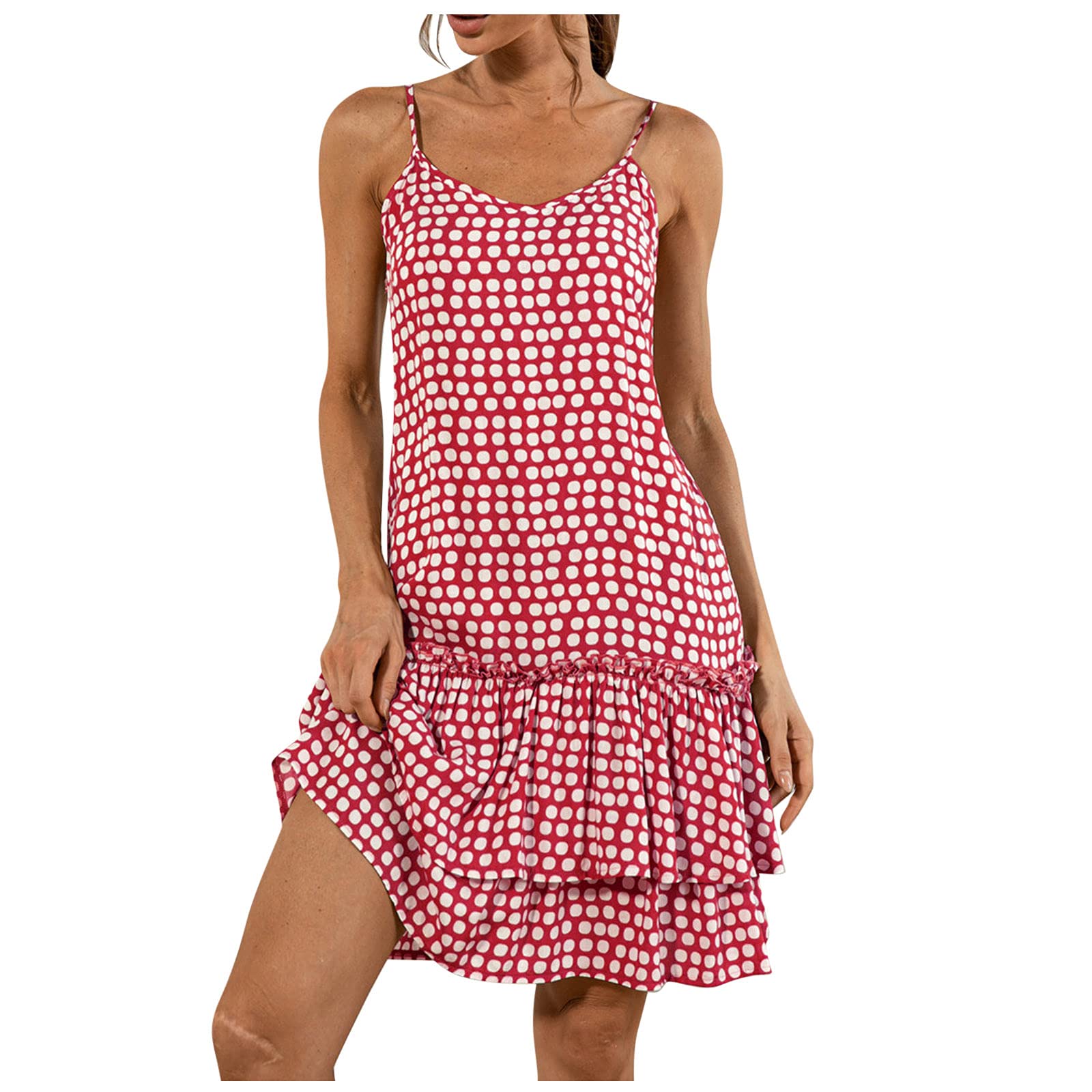 Sexy Polka Dot Suspender Ruffle Mini Dress for Women - Summer Floral Short Dress with Adjustable Straps (Red, Size S) | Perfect for Date Night, Cocktail Parties & Beach Vacations