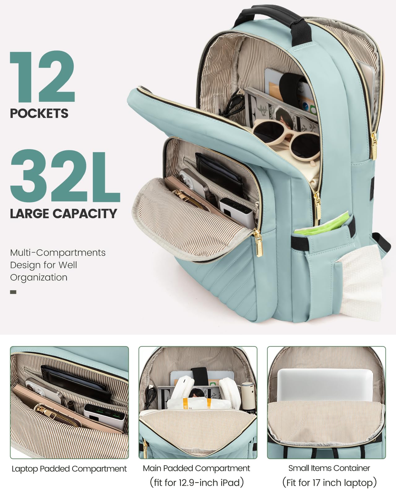 LOVEVOOK Women's Mint Green Laptop Backpack - 17-inch Travel Computer Bag for College, School, Work & Outdoor Activities, Stylish Teen Girl Backpack for Daily Use & Travel Essentials