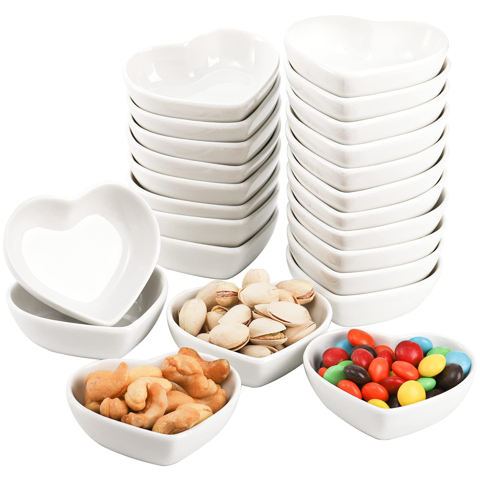 24 Pack White Heart-Shaped Porcelain Sauce Dishes - 1.5Oz Ceramic Dip Bowls, Appetizer Plates & Candle Holders for Parties, Weddings & Home Decor